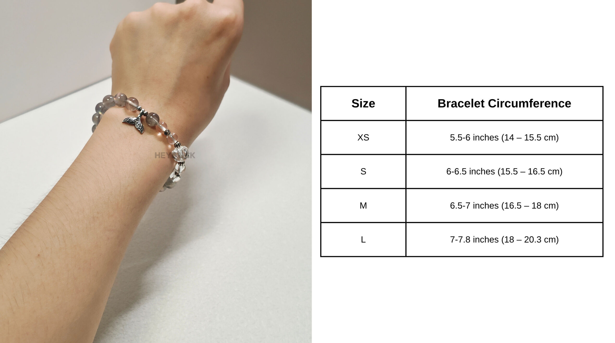 Size guide showing gray moonstone, cube clear quartz, clear quartz beads, and sterling silver charm details of the Gray Moonstone Tide Bracelet