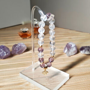 Elegant Ice Lavender Quartz Clarity Bracelet with Clear Quartz crystals in a soft mindful lifestyle setting
