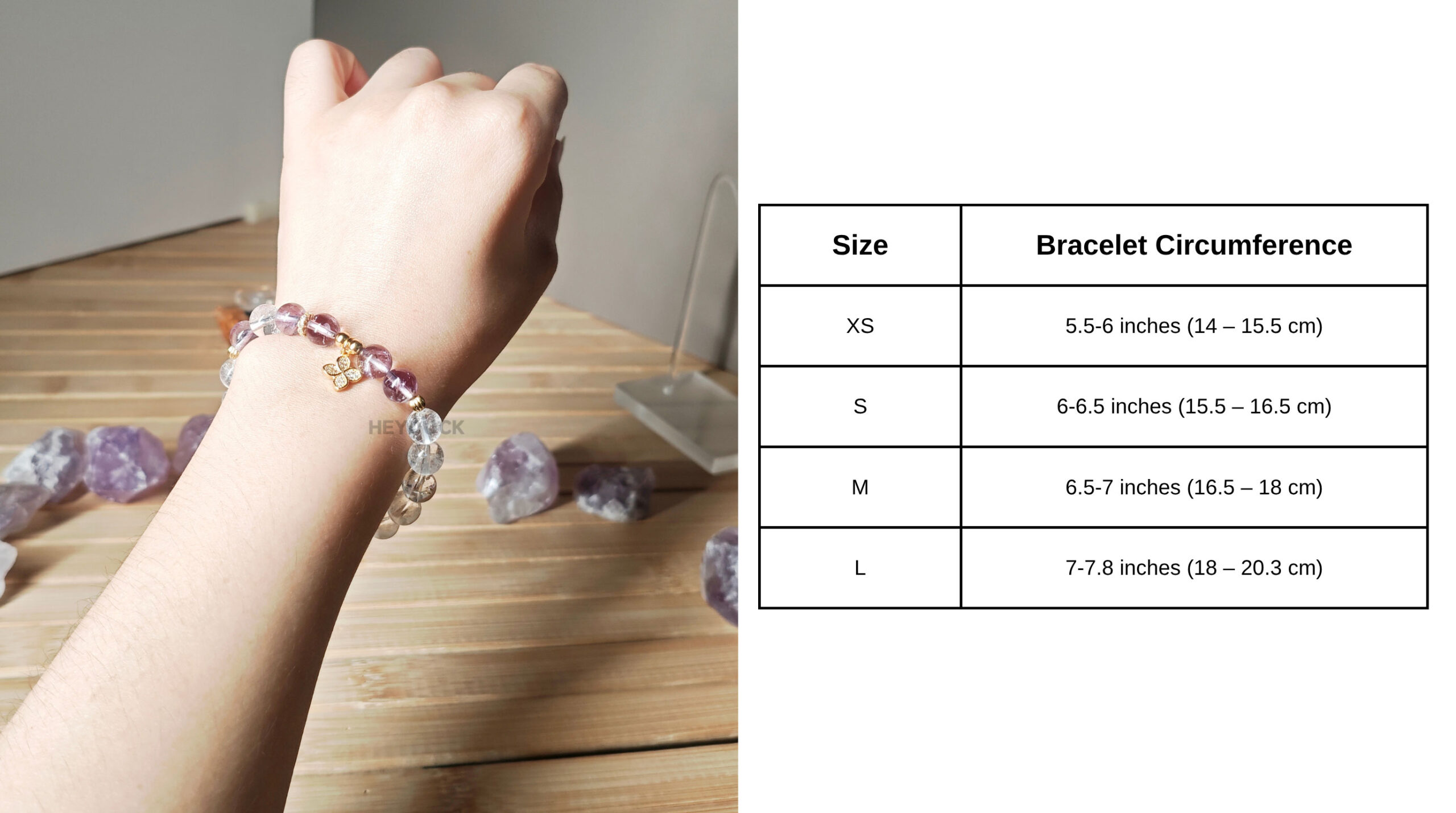 Ice Lavender Quartz Clarity Bracelet size guide showing natural crystal bead measurements and bracelet details