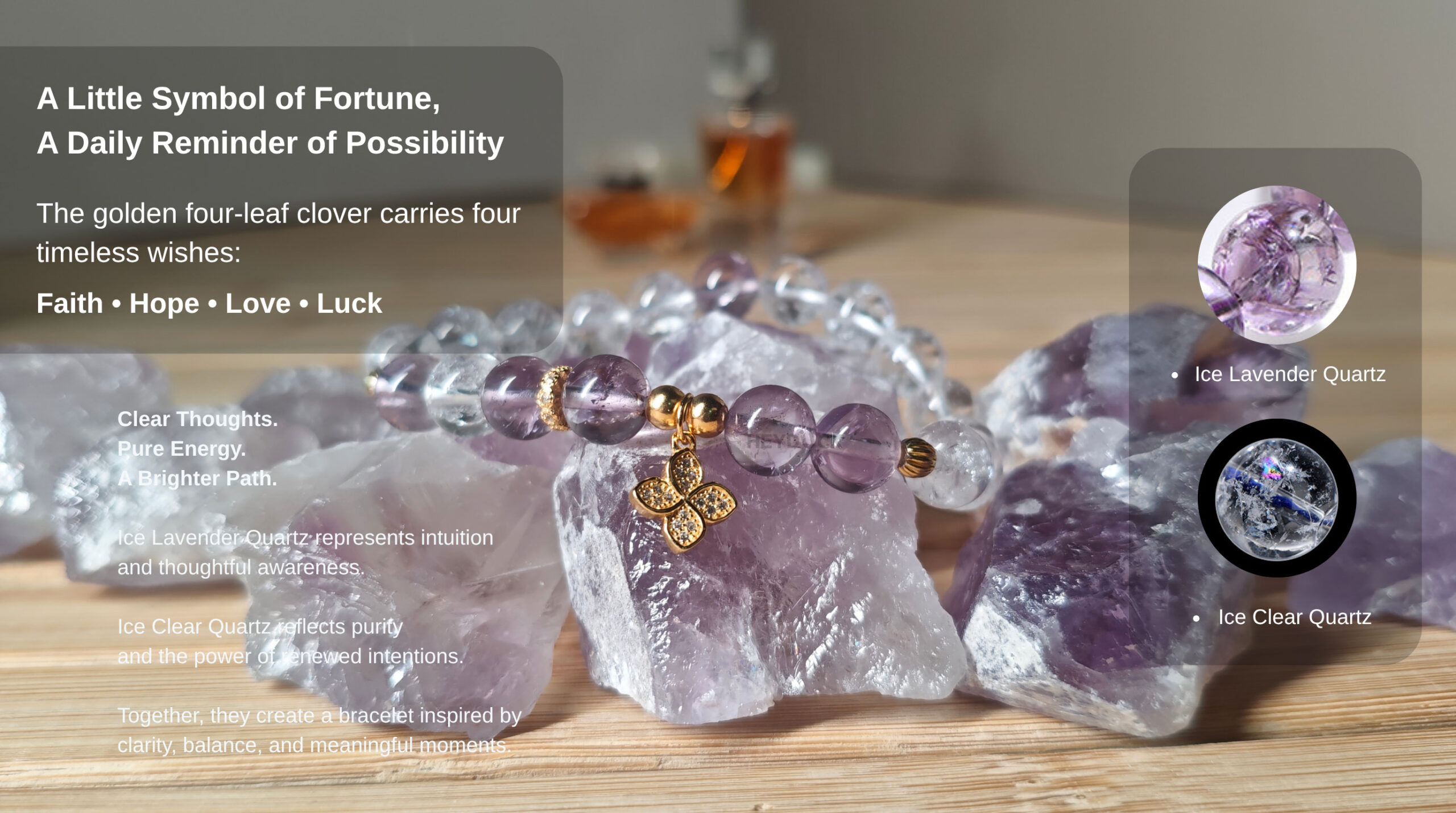 Ice Lavender Quartz and Ice Clear Quartz bracelet with golden four-leaf clover charm symbolizing faith, hope, love, and luck