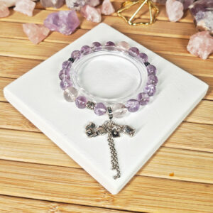 Detailed view of the Ice Lavender Quartz Fox Bracelet highlighting natural crystal clarity and the sterling silver fox charm.