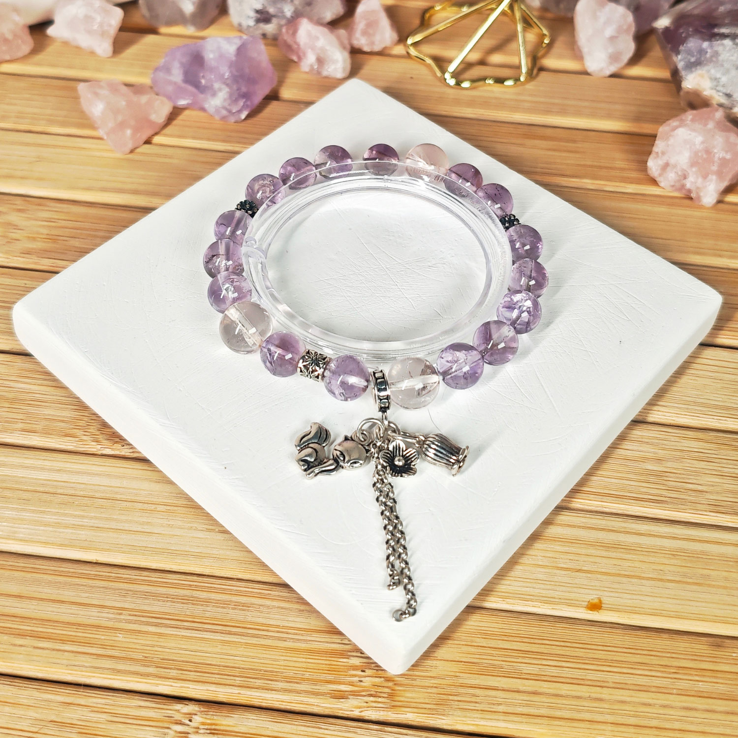 Detailed view of the Ice Lavender Quartz Fox Bracelet highlighting natural crystal clarity and the sterling silver fox charm.