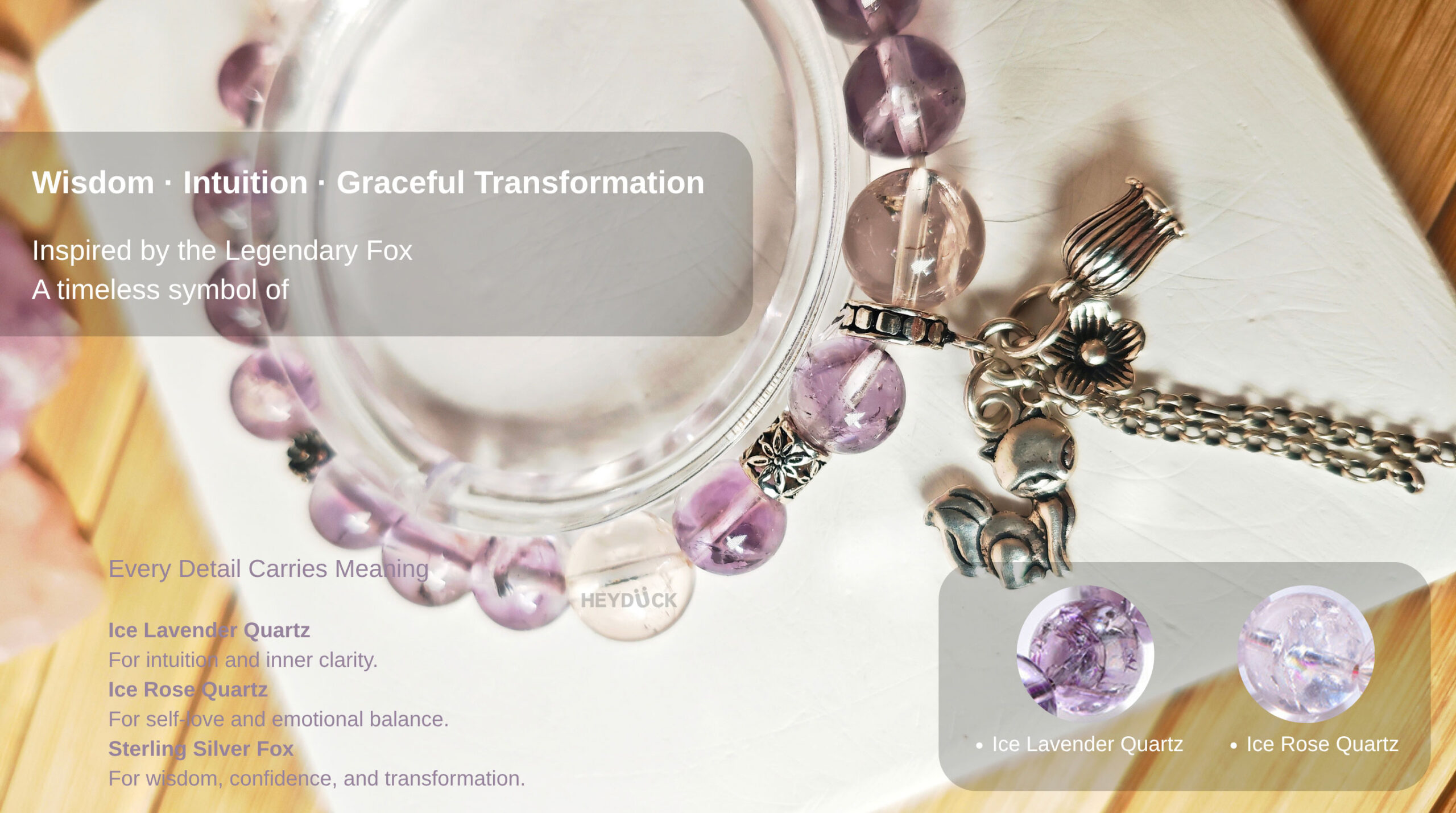 Ice Lavender Quartz Fox Bracelet inspired by the legendary fox, symbolizing wisdom, intuition, and graceful transformation.