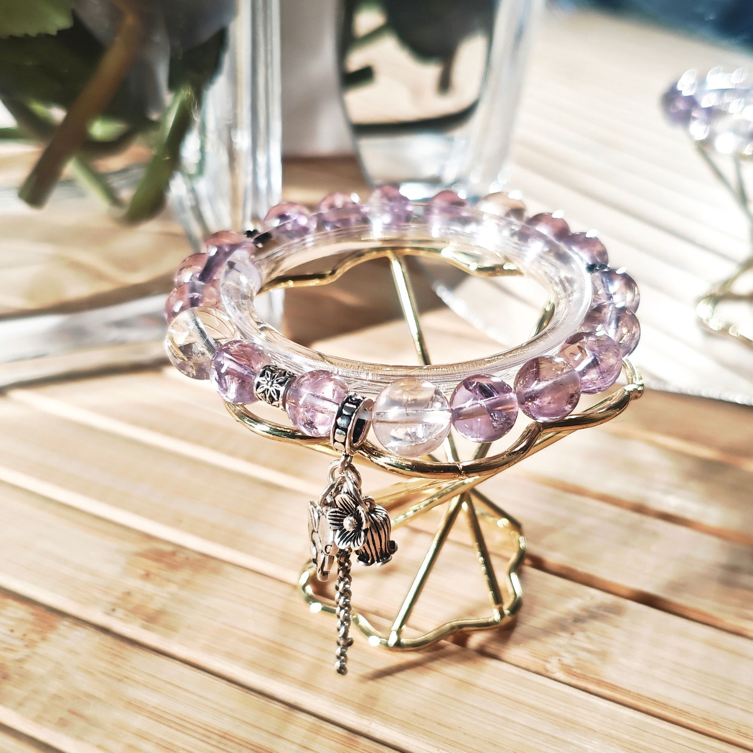 Handmade Ice Lavender Quartz Fox Bracelet with Ice Rose Quartz and 925 sterling silver fox pendant.