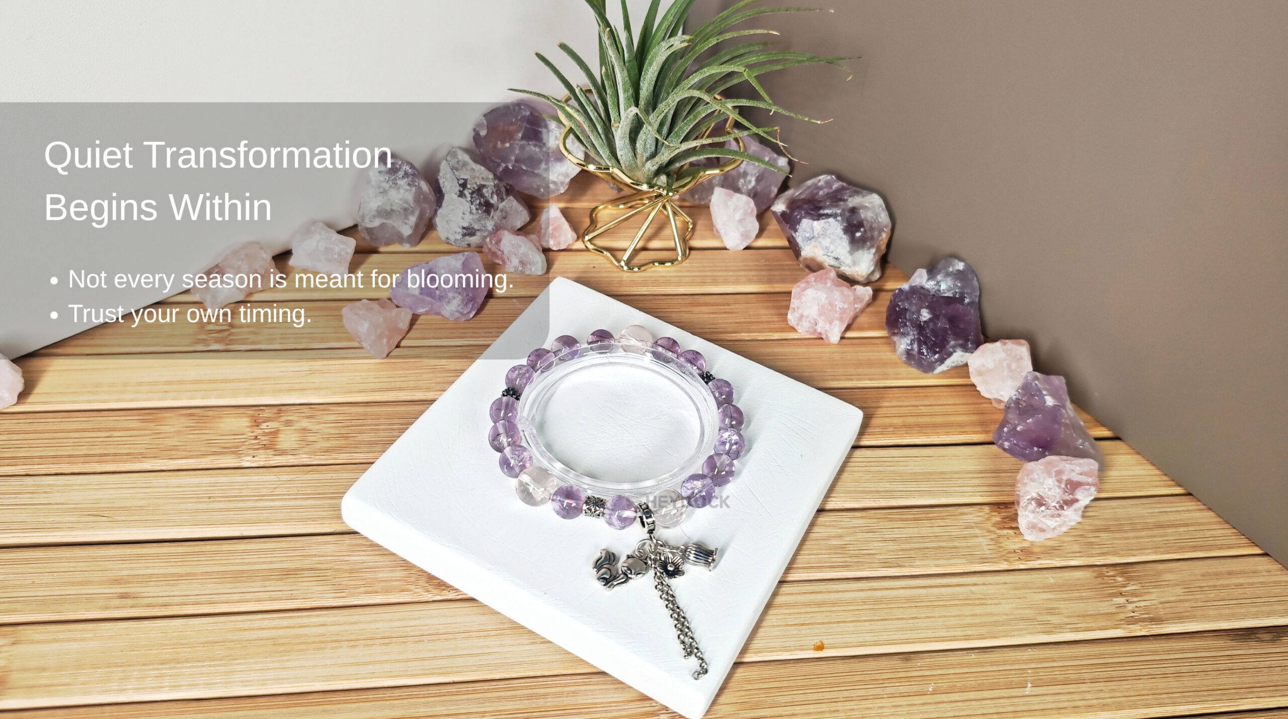 Ice Lavender Quartz Fox Bracelet with the message "Quiet Transformation Begins Within," encouraging trust in your own timing and personal growth.