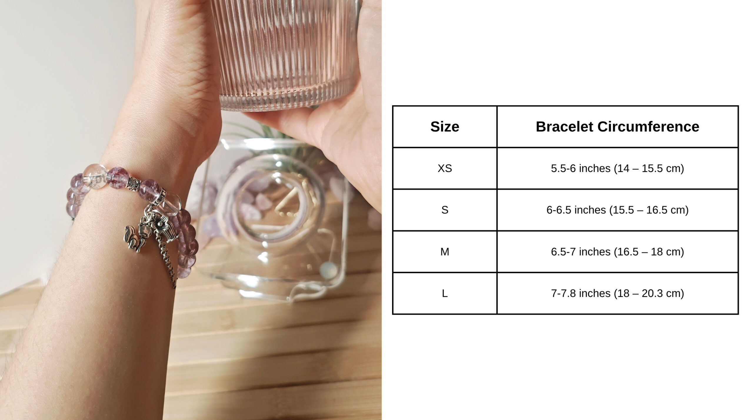 Size guide for the handmade Ice Lavender Quartz Fox Bracelet with natural crystal beads and a 925 sterling silver fox pendant.