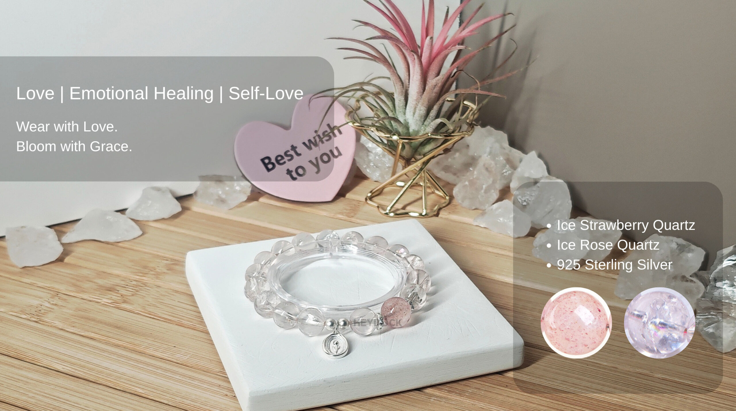 Natural Ice Strawberry Quartz, Ice Rose Quartz, and 925 sterling silver tulip bracelet for love, emotional healing, and self-love