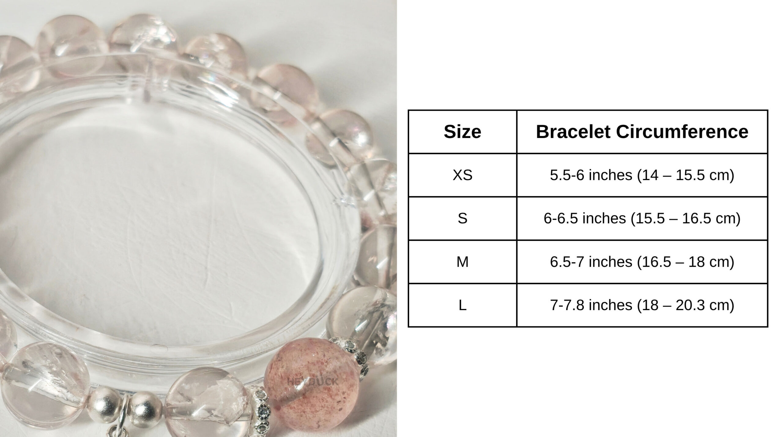 Size guide for the Ice Strawberry Quartz Tulip Bracelet with natural crystal bead dimensions and wrist fit information
