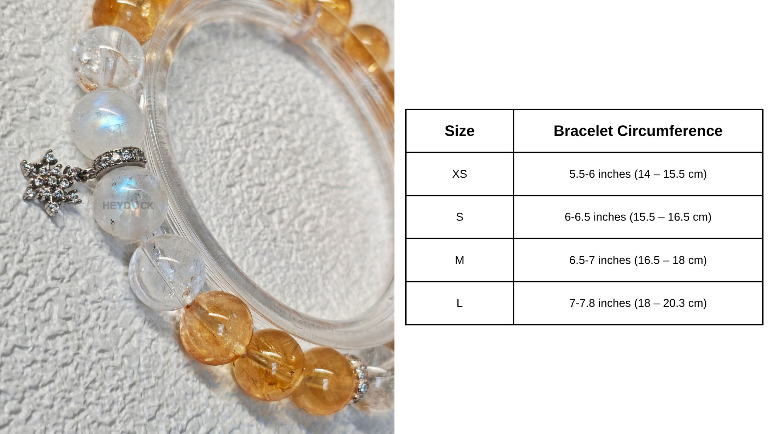 Moonstone and Golden Ice Quartz Prosperity Bracelet size guide showing natural crystal bead measurements and bracelet details