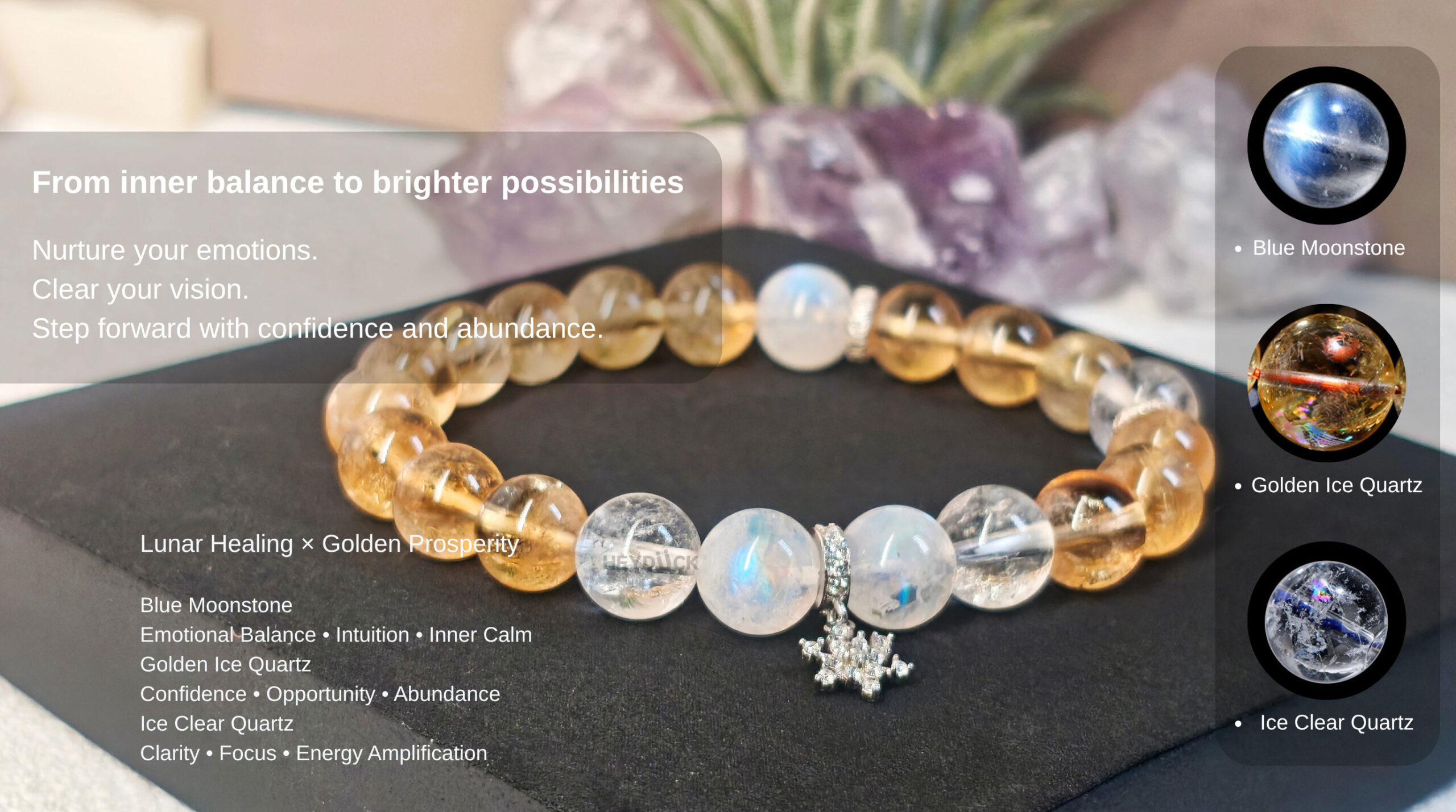 Moonstone and Golden Ice Quartz bracelet showing crystal meanings of emotional balance, intuition, confidence, abundance, and clarity