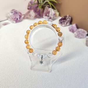 Moonstone Golden Ice Quartz and Ice Clear Quartz bracelet showing crystal meanings of calm, clarity, confidence, and prosperity