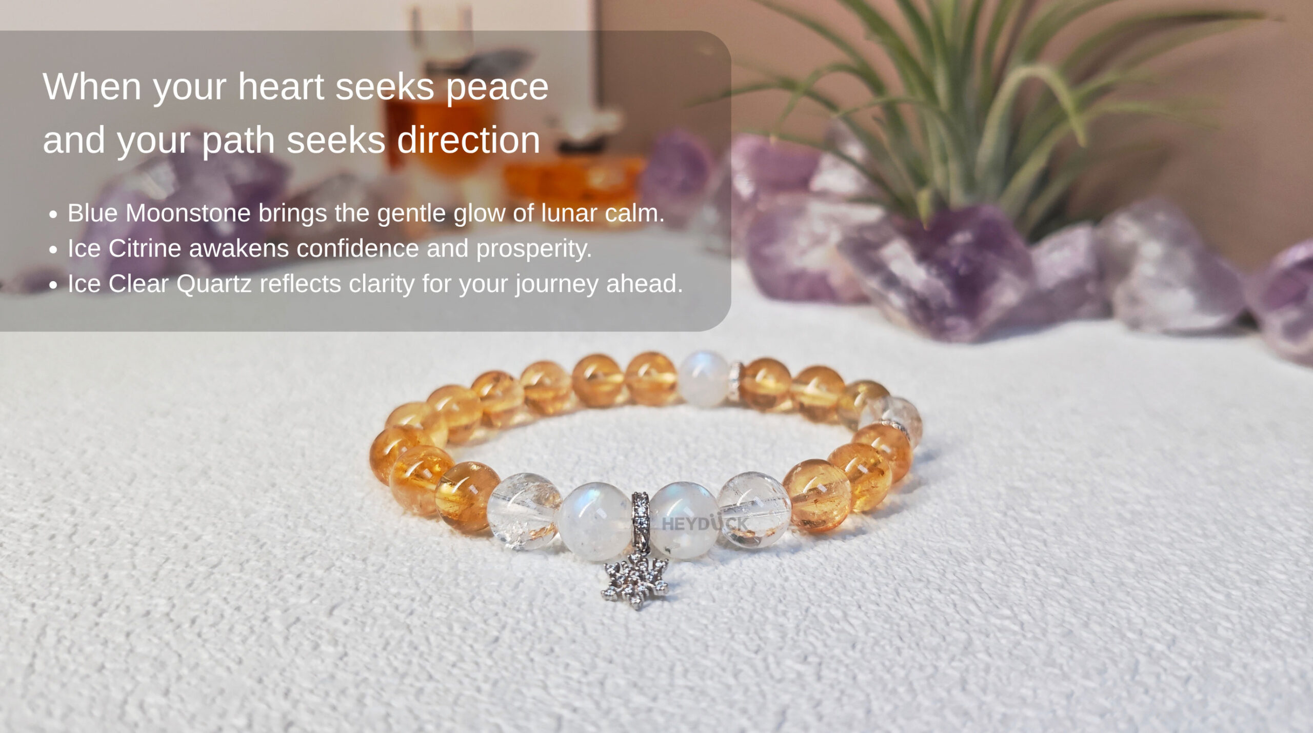 Moonstone and Ice Citrine Prosperity Bracelet featuring Blue Moonstone, Ice Citrine, and Ice Clear Quartz for balance, confidence, and clarity