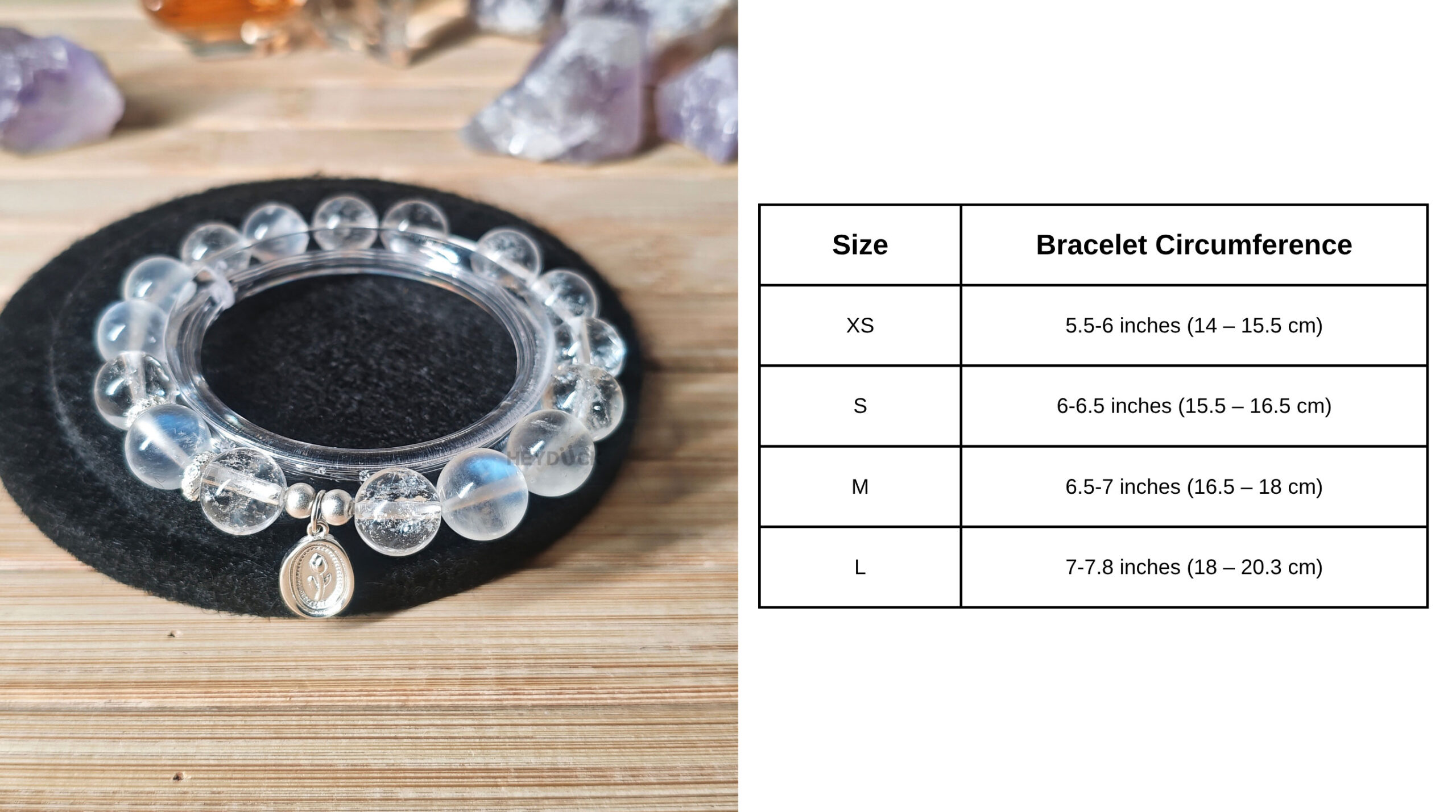Moonstone Tulip Promise Bracelet size guide showing crystal bead measurements and bracelet dimensions