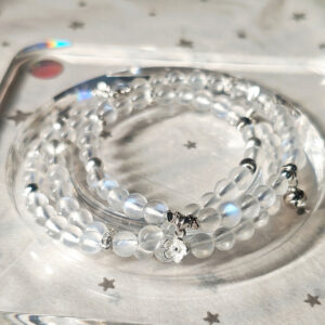 Elegant Blue Moonstone layered wrap bracelet with luminous blue flash and minimalist 925 sterling silver accents.