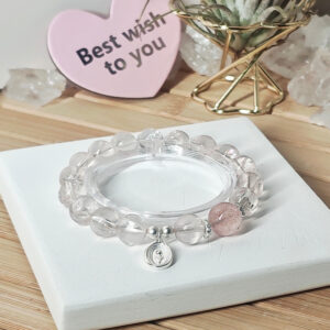 Pink crystal tulip bracelet featuring Ice Strawberry Quartz, Ice Rose Quartz, and a delicate floral design