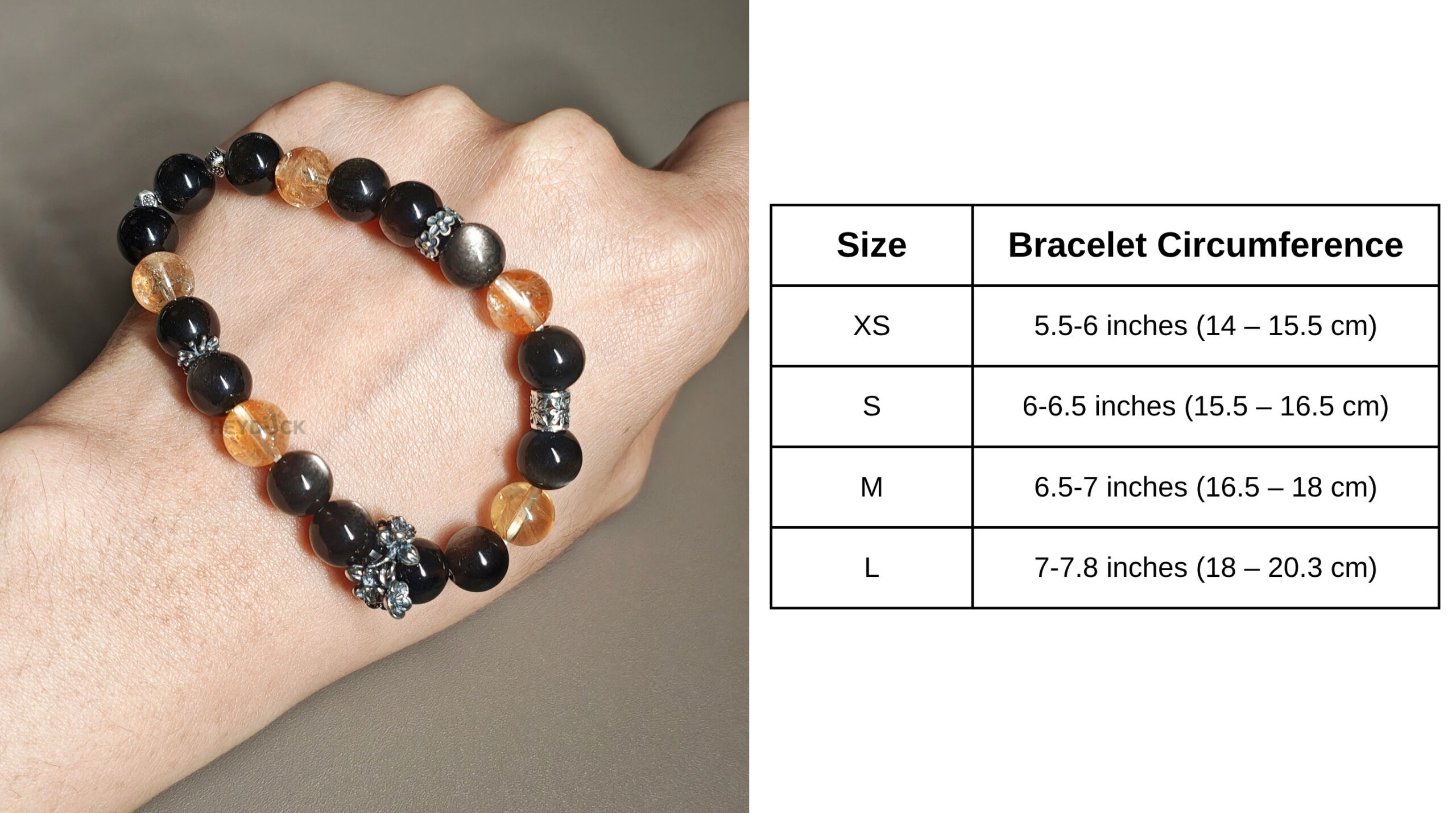 Size guide for the Silver Obsidian Prosperity Bracelet with an elastic stretch cord for everyday comfort
