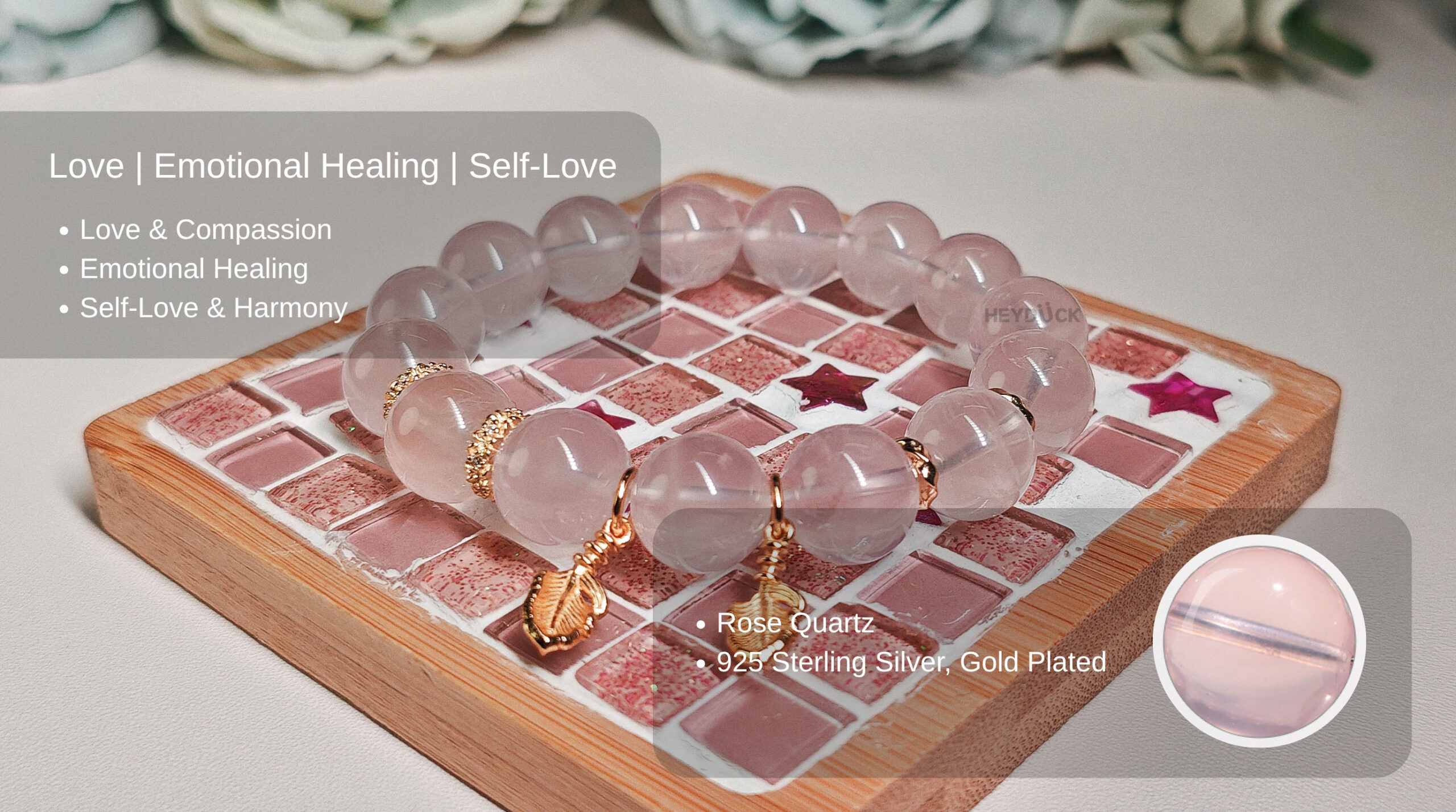 Rose Quartz Feather Bracelet supporting emotional healing, self-acceptance, and heartfelt connections.