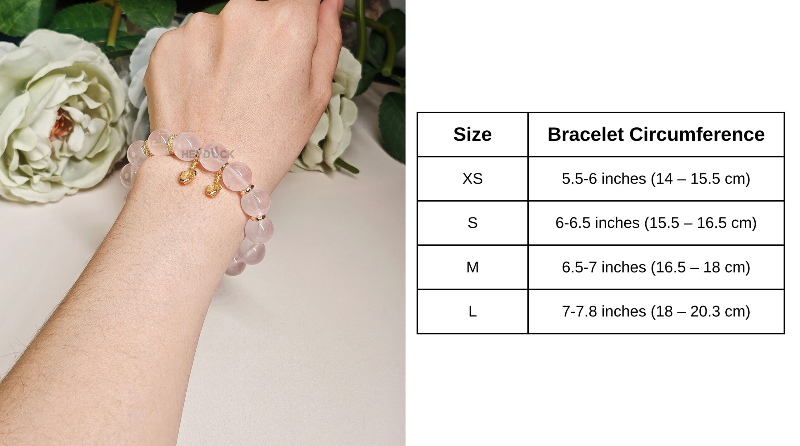 Adjustable Rose Quartz Feather Bracelet with 6mm natural rose quartz beads and gold-plated feather charm dimensions.