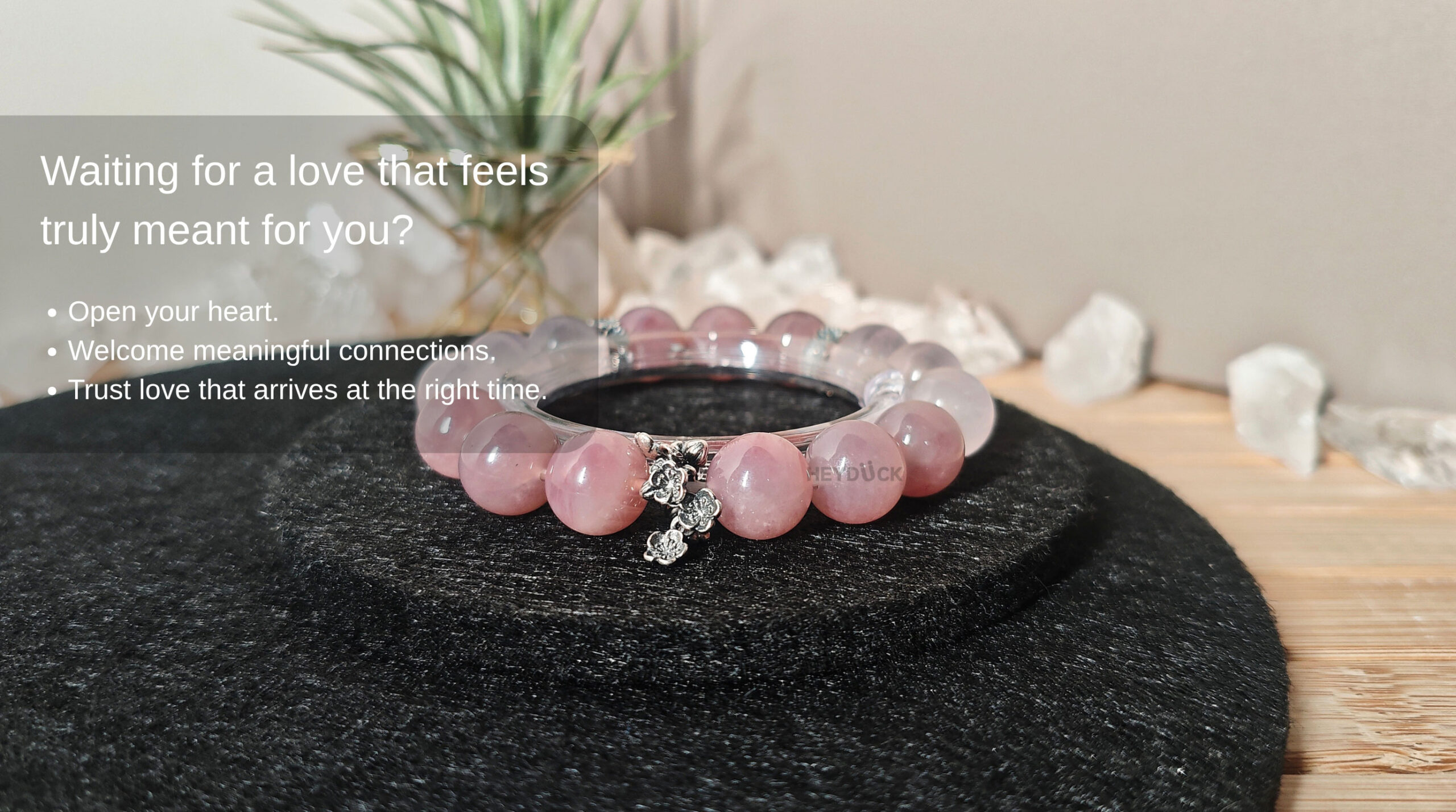 Rose Quartz True Love Bracelet symbolizing an open heart, meaningful connections, and love that arrives at the right time.
