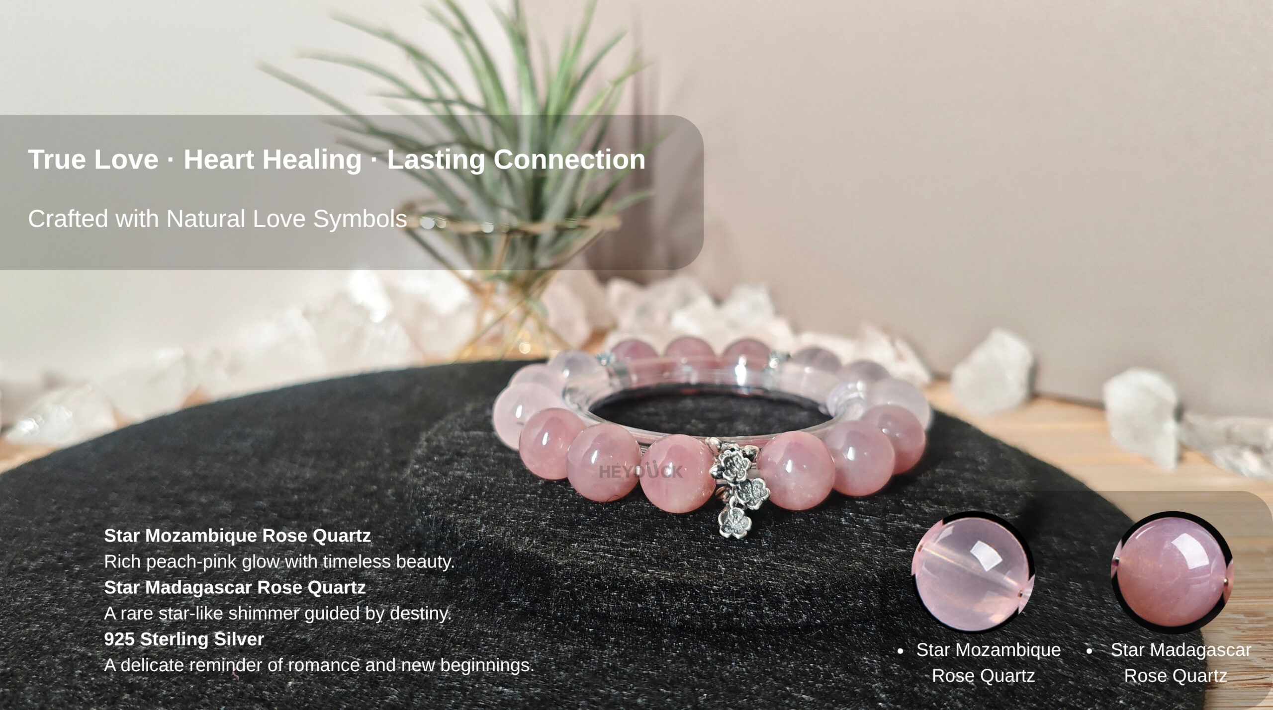 Natural Rose Quartz True Love Bracelet featuring Mozambique Rose Quartz, Star Madagascar Rose Quartz, and 925 sterling silver sakura charm.