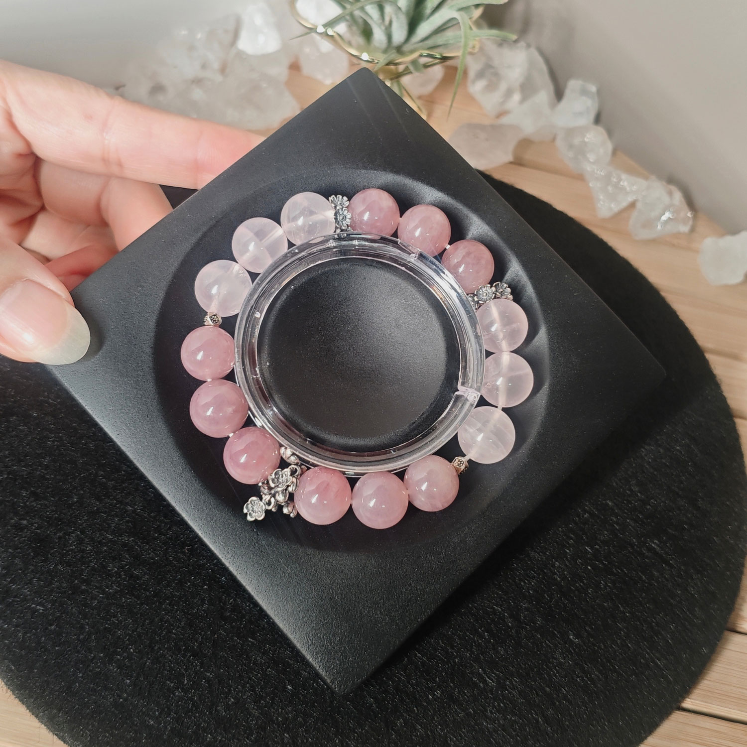 Natural Rose Quartz True Love Bracelet crafted with Mozambique Rose Quartz, Star Madagascar Rose Quartz, and elegant sakura silver details.