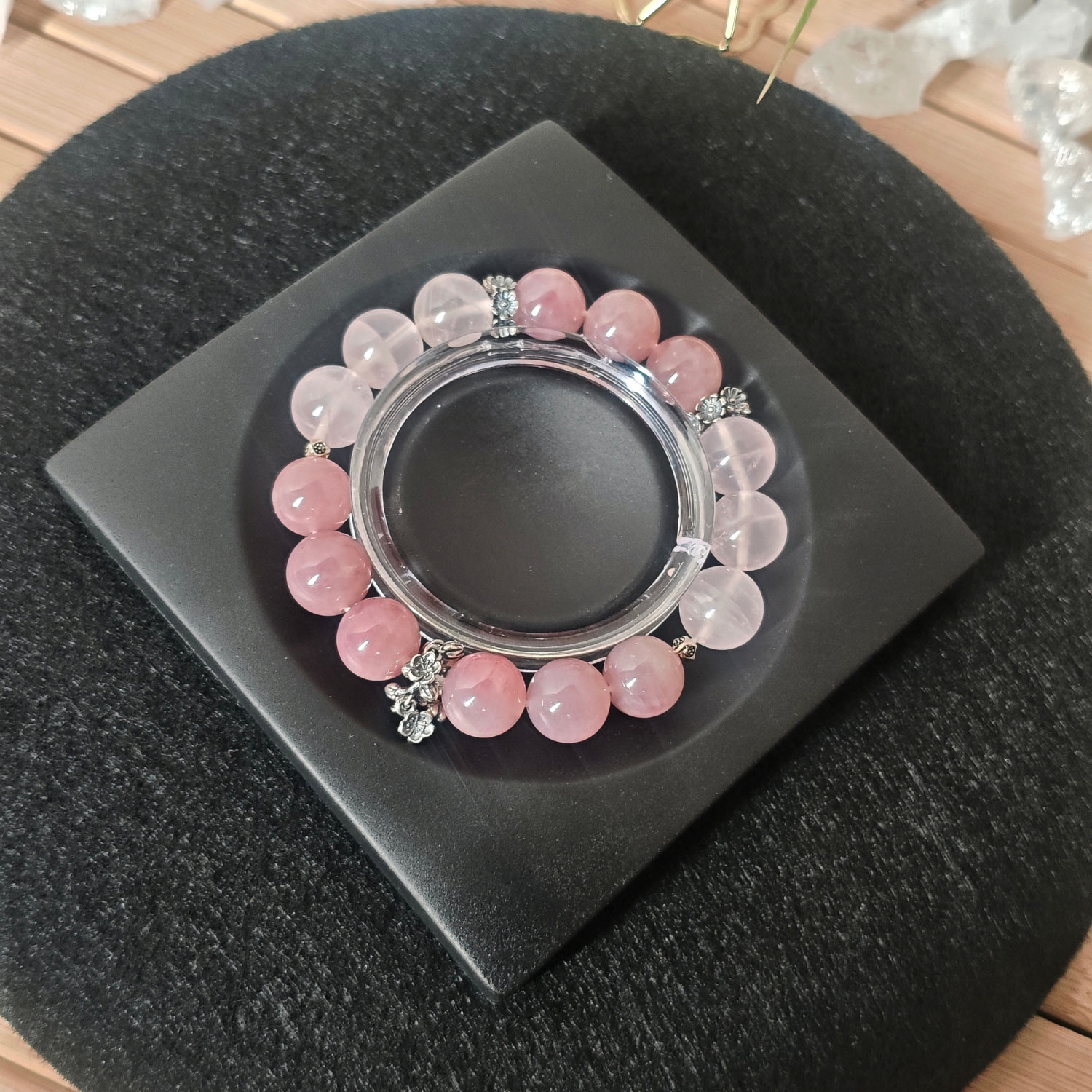 Rose Quartz bracelet with vintage-inspired 925 sterling silver sakura charms symbolizing true love, romance, and lasting commitment.