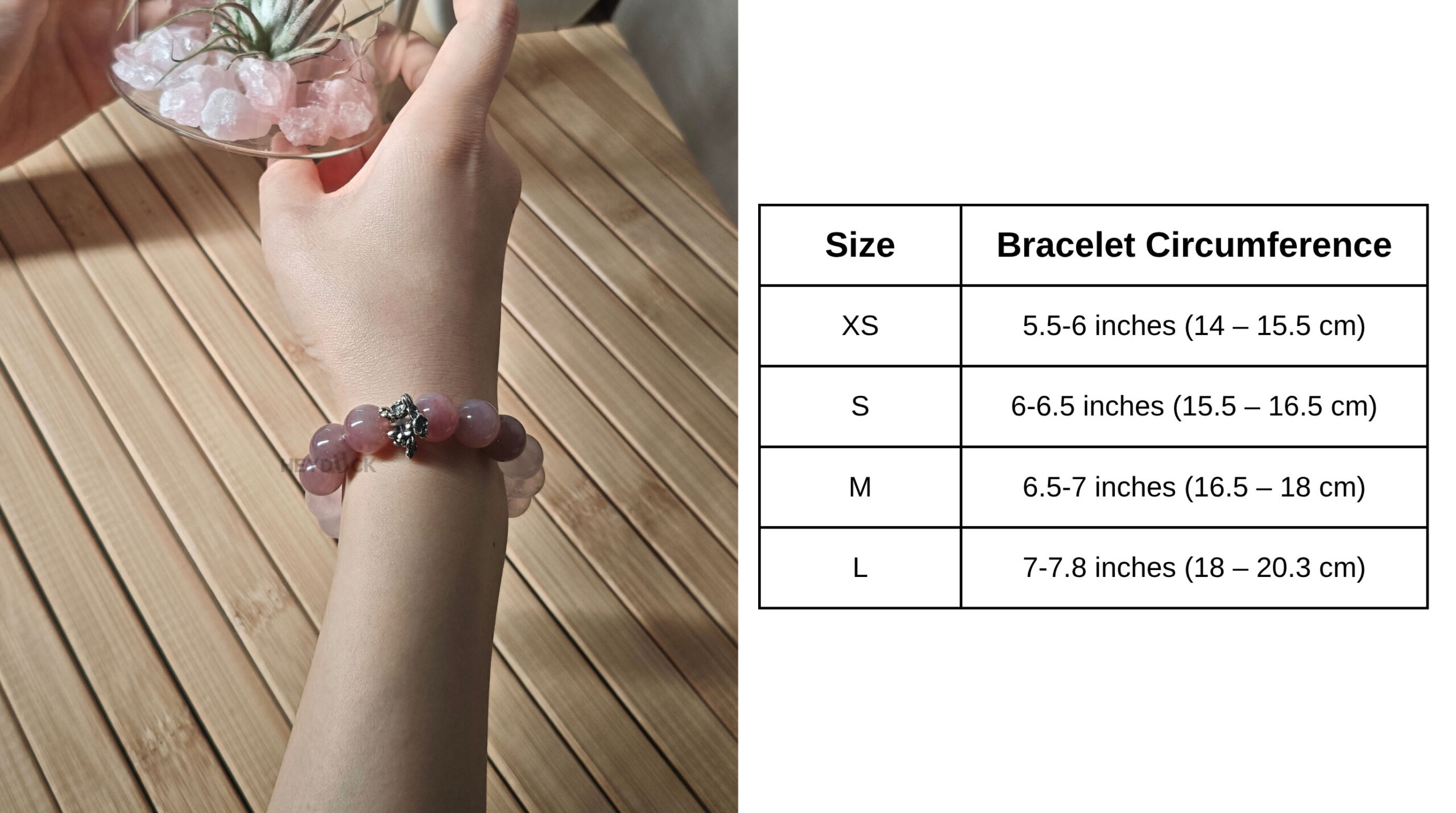 Rose Quartz True Love Bracelet size guide showing bracelet dimensions and bead measurements for a comfortable fit.