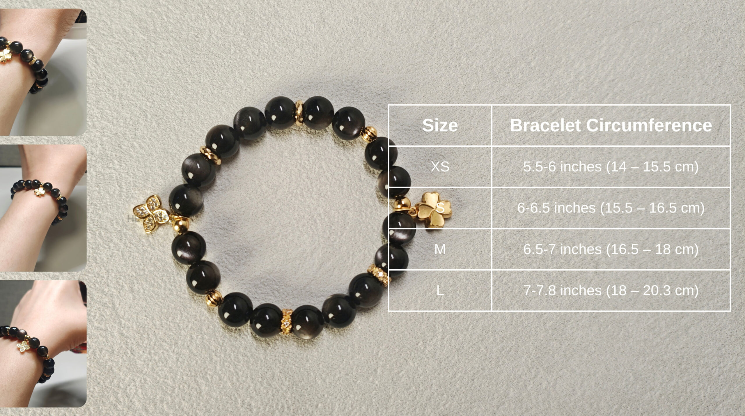 Size guide for the Silver Obsidian bracelet with an elastic stretch cord for a comfortable everyday fit