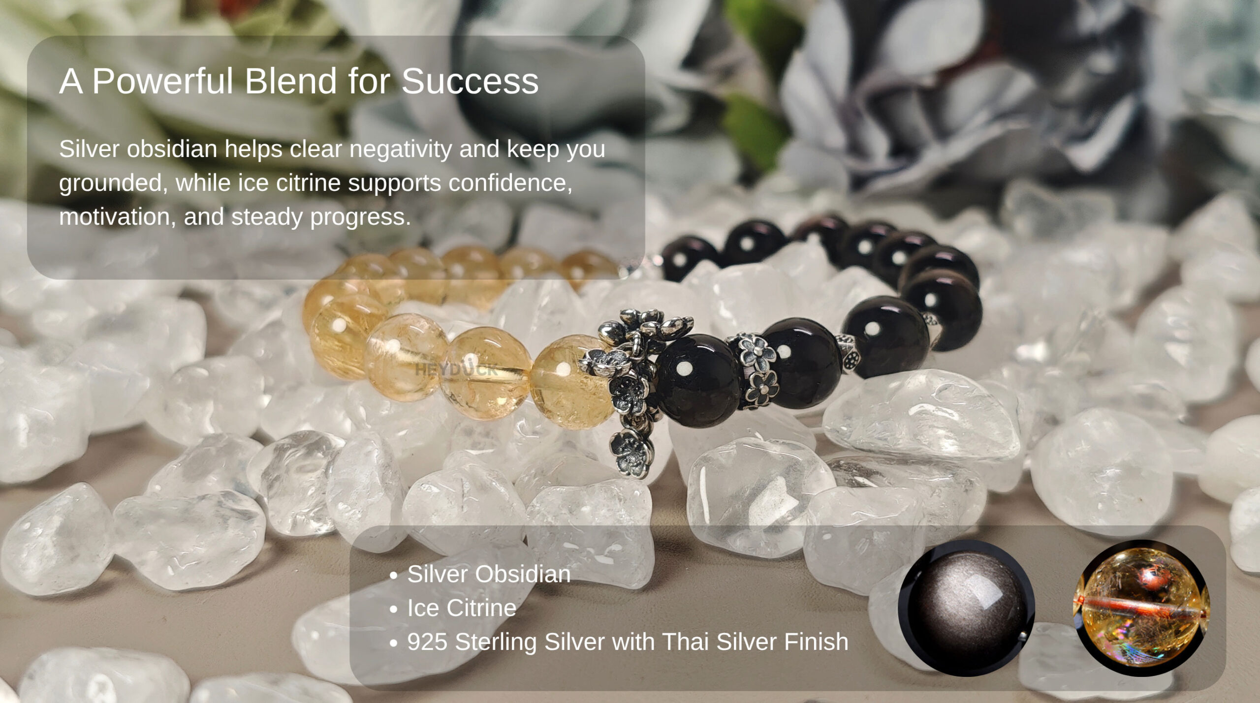 Handcrafted Silver Obsidian and Golden Ice Quartz bracelet featuring natural stones for grounding and growth