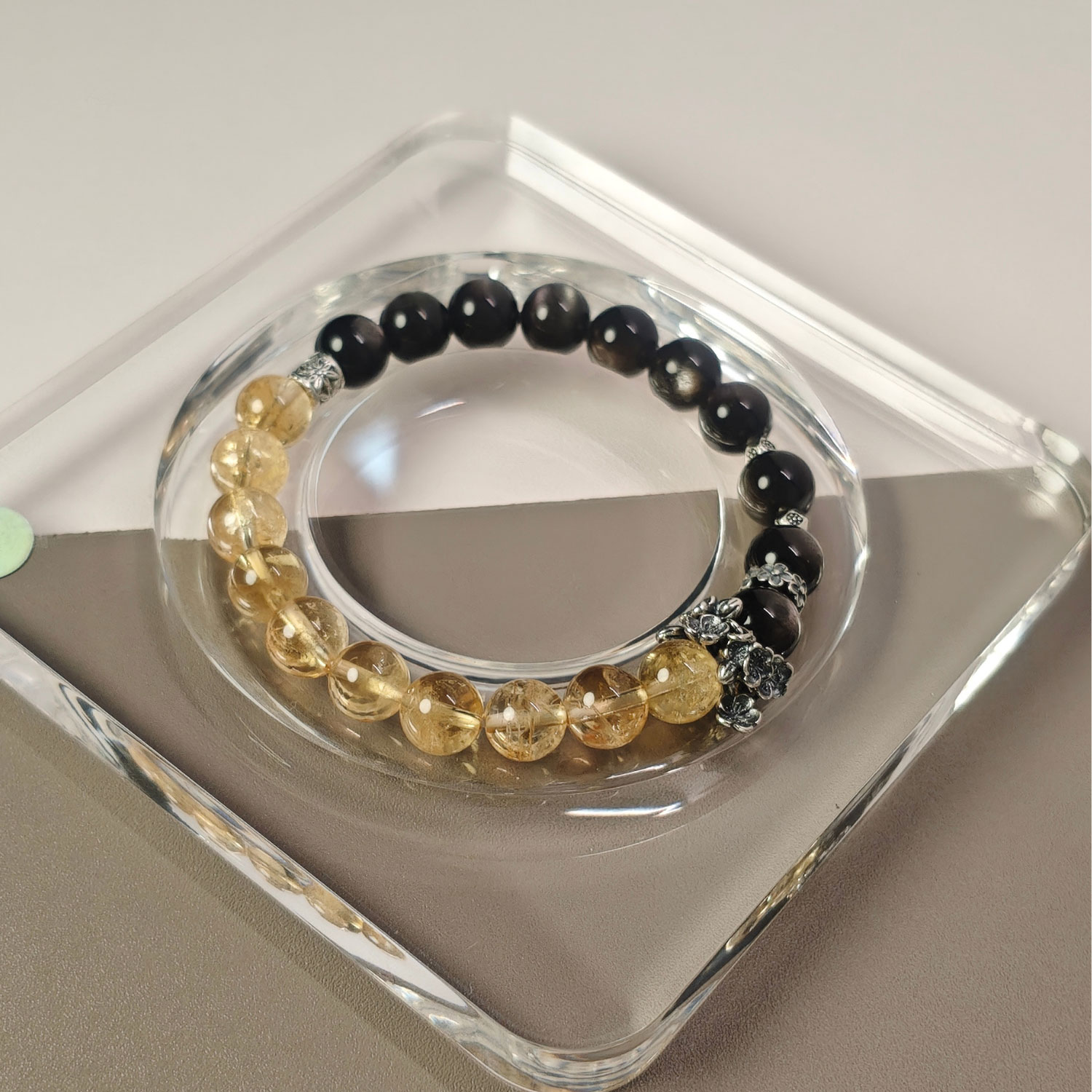 Handcrafted Silver Obsidian Success Bracelet with natural Golden Ice Quartz for confidence, opportunity, and lasting success