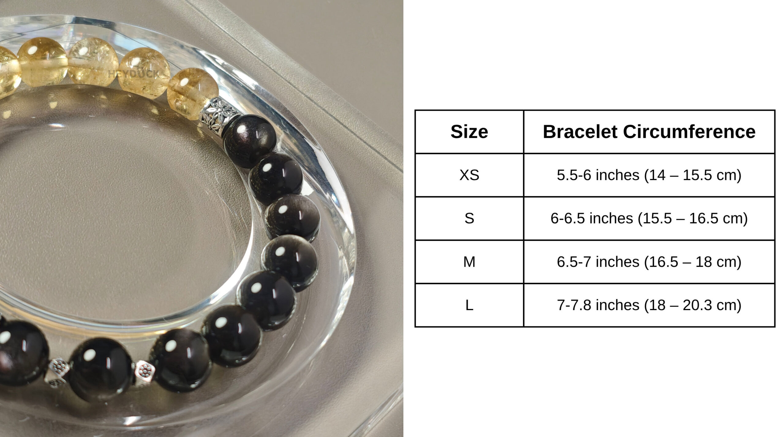 Size guide for the Silver Obsidian Success Bracelet showing bead dimensions and comfortable everyday fit