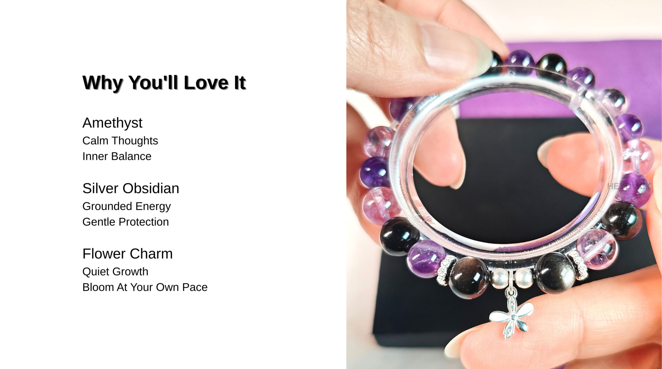 Amethyst & Silver Obsidian Bracelet featuring symbolic meanings of inner balance, grounding protection, and quiet growth.