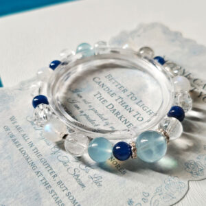 Elegant blue crystal bracelet design with Aquamarine, Kyanite, Blue Moonstone, and 925 sterling silver platinum-plated accents.