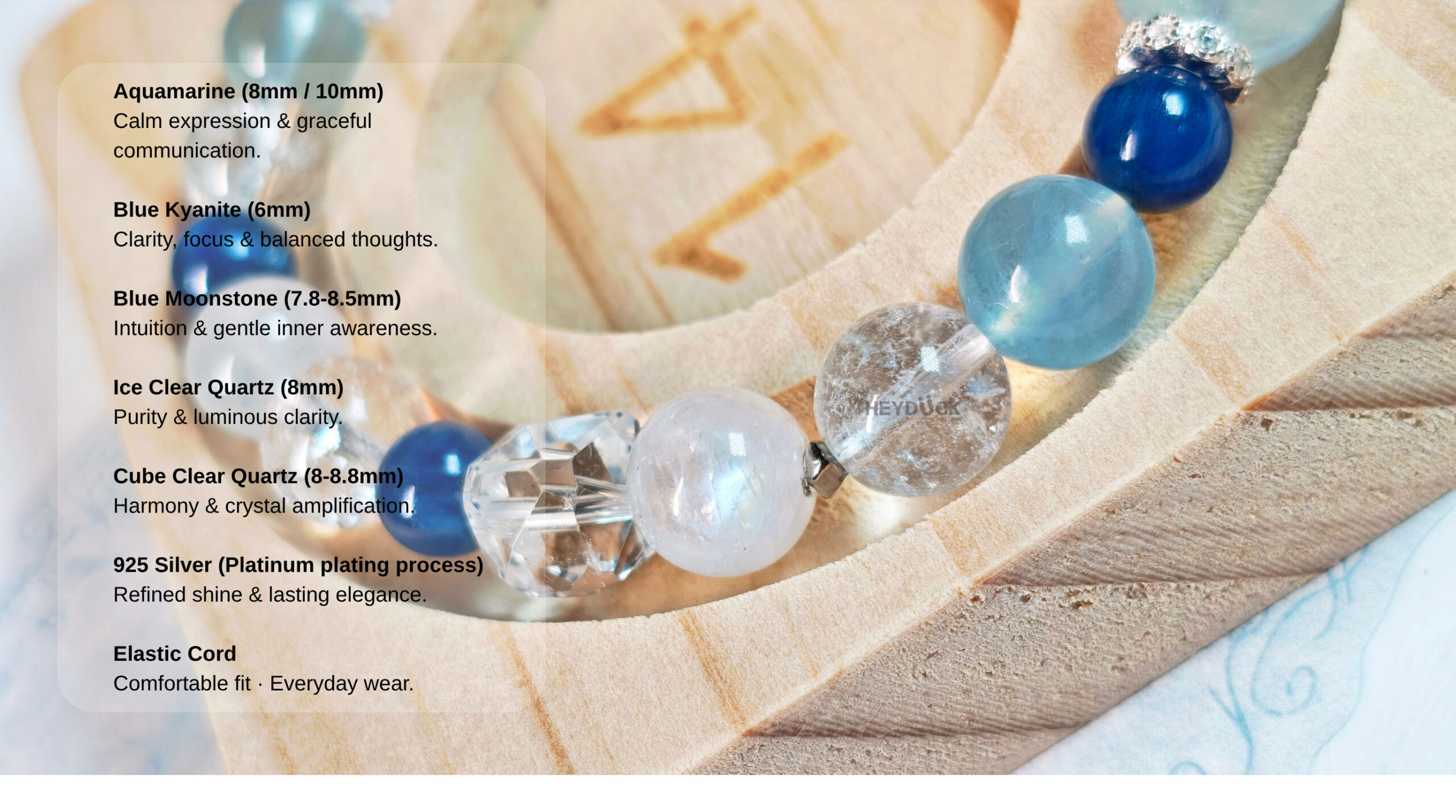 Aquamarine, Blue Kyanite, Blue Moonstone, Ice Clear Quartz, Cube Clear Quartz, 925 silver, and elastic cord used in the bracelet.