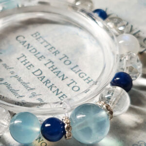 Close-up details of Aquamarine, deep blue Kyanite, Blue Moonstone, Cube Clear Quartz, and Ice Clear Quartz beads.