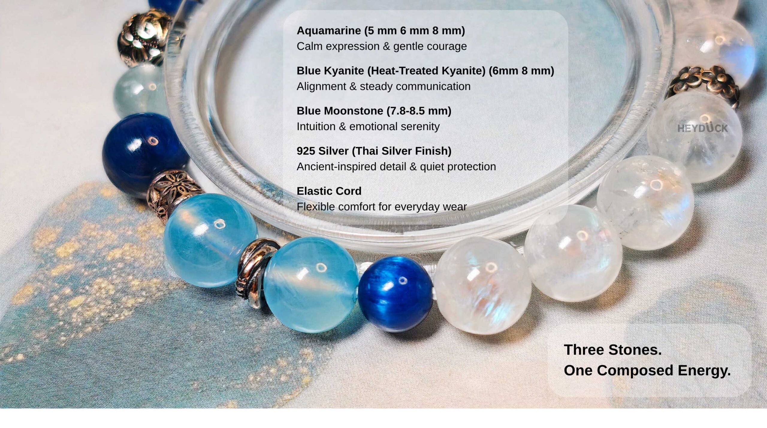 Aquamarine, deep blue Kyanite, Moonstone, and 925 sterling silver Thai silver bracelet details
