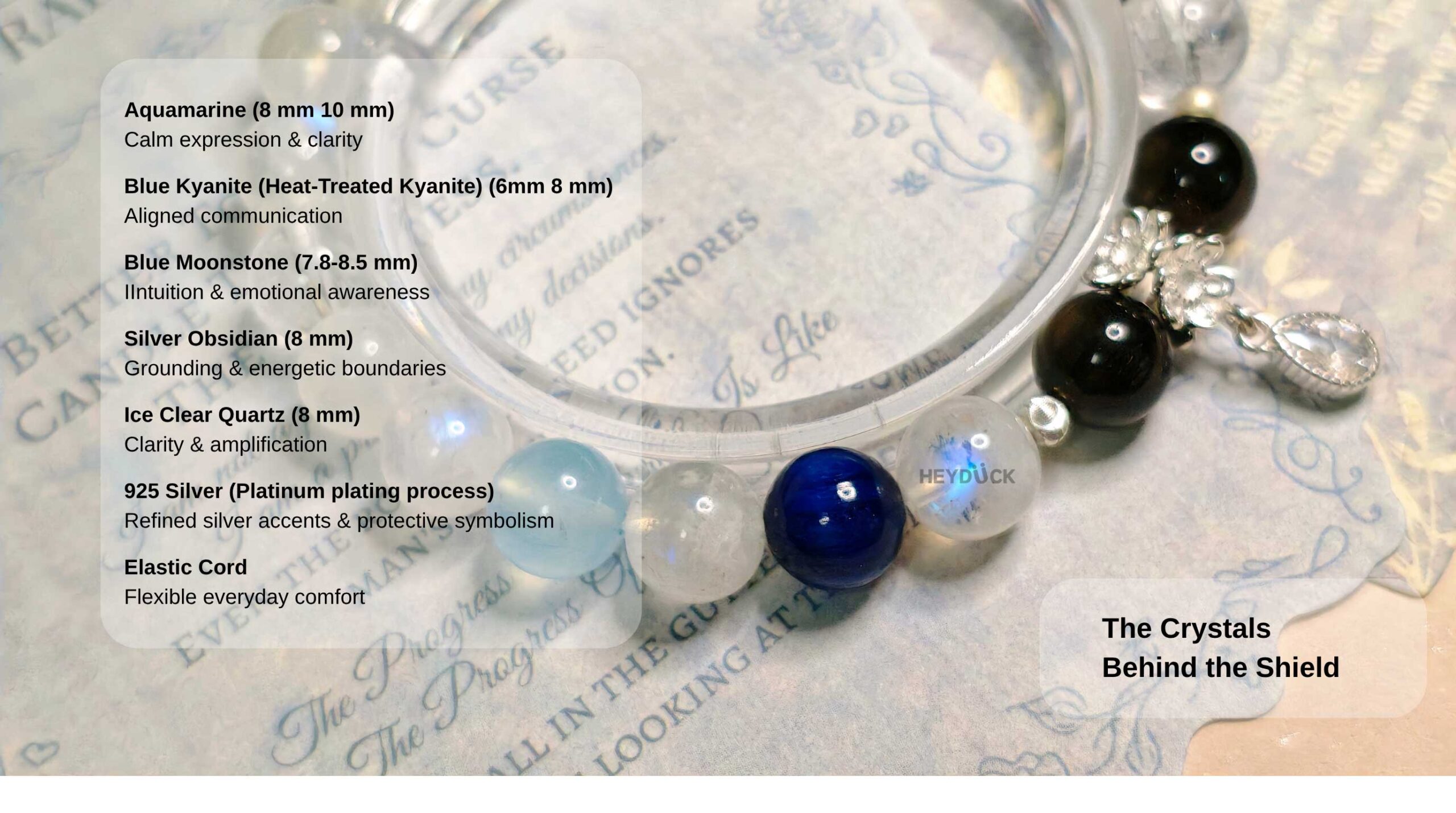 Aquamarine, heat-treated kyanite, moonstone, silver obsidian, ice clear quartz, and platinum-plated 925 sterling silver bracelet