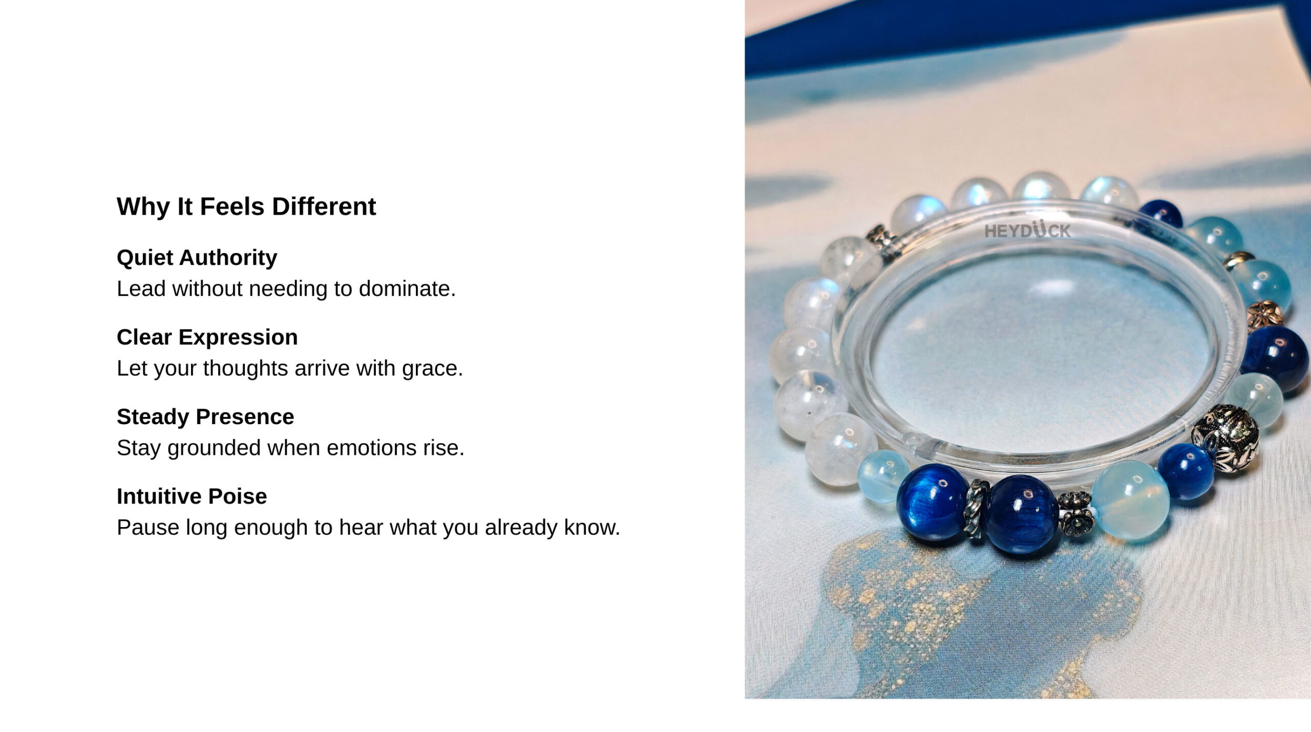 Crystal bracelet for calm communication, quiet authority, steady presence, and intuitive poise