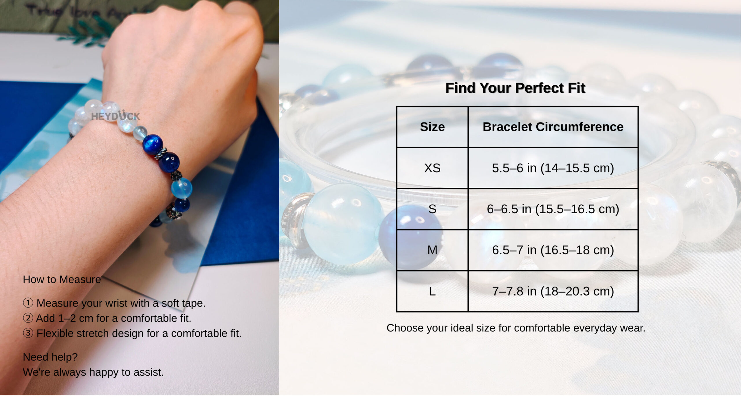 AquaPoise CL crystal bracelet size guide with XS, S, M, and L wrist measurements