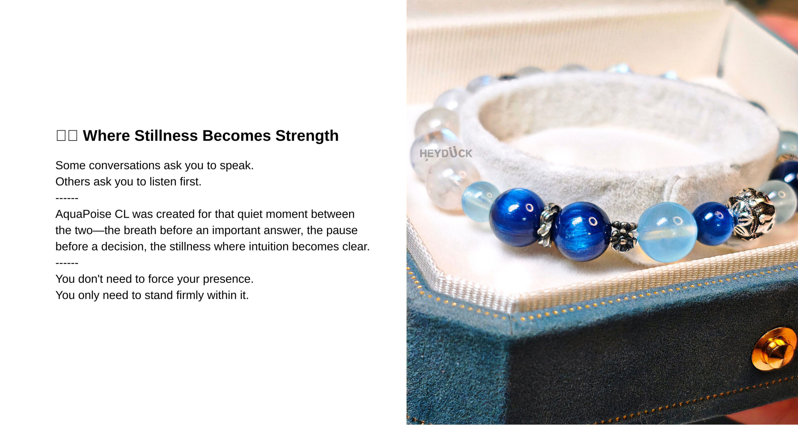 AquaPoise CL crystal bracelet inspired by stillness, intuitive decisions, calm communication, and inner strength