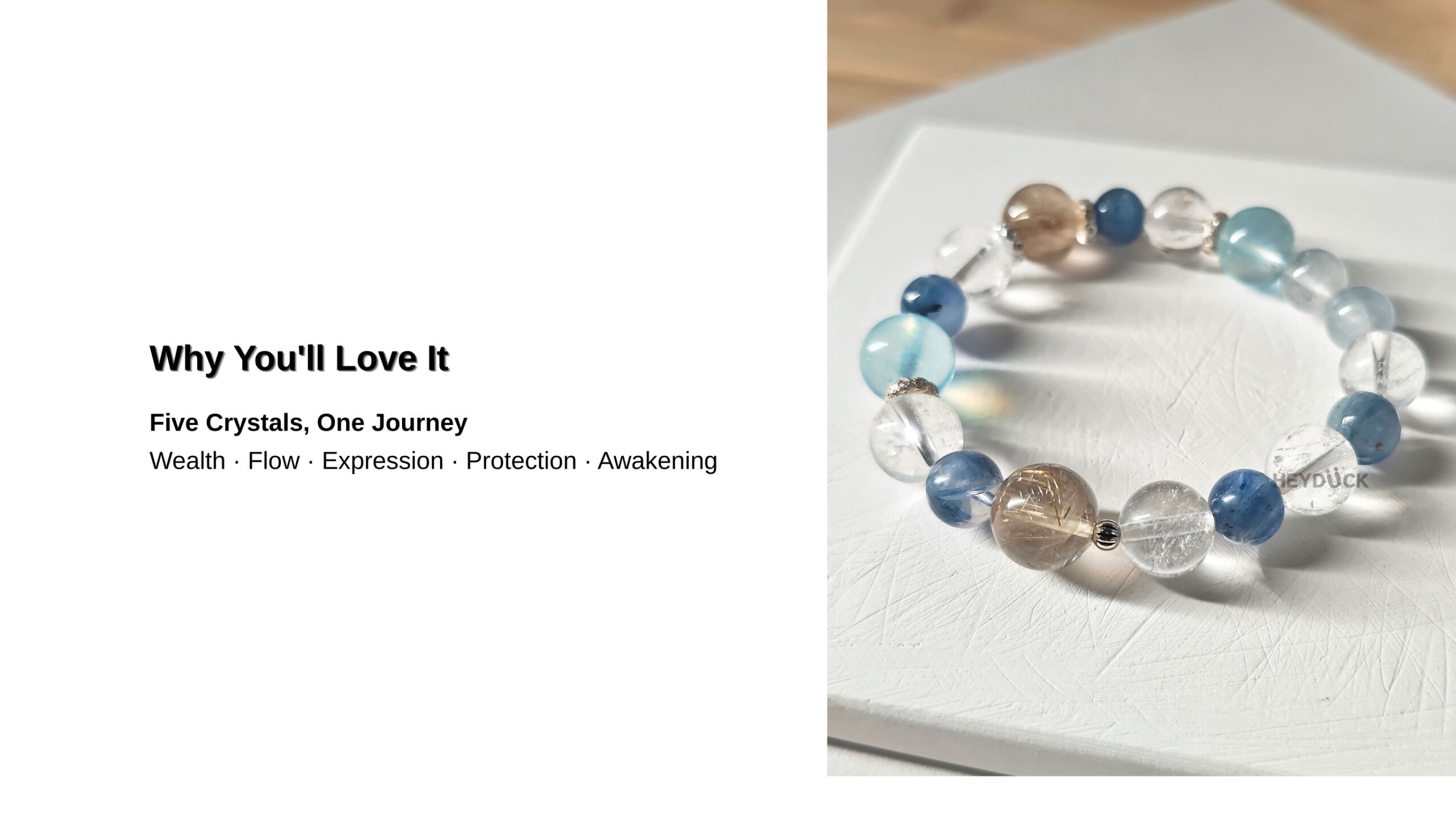 AuroraGain CL crystal bracelet featuring five natural crystals representing wealth, flow, expression, protection, and awakening