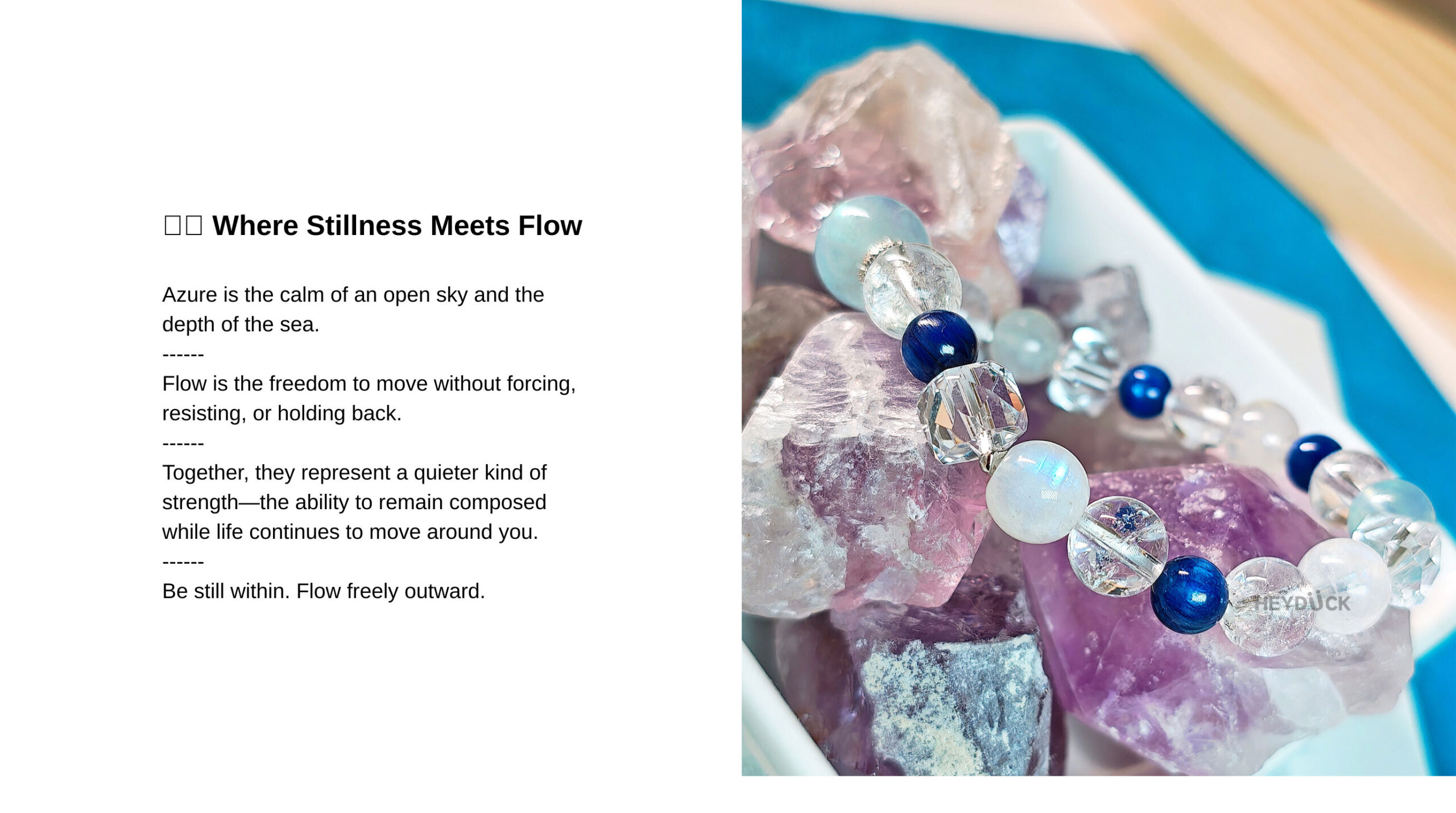 AzureFlow Crystal Bracelet inspired by the calm of the sky and sea, representing stillness, inner strength, and effortless flow.