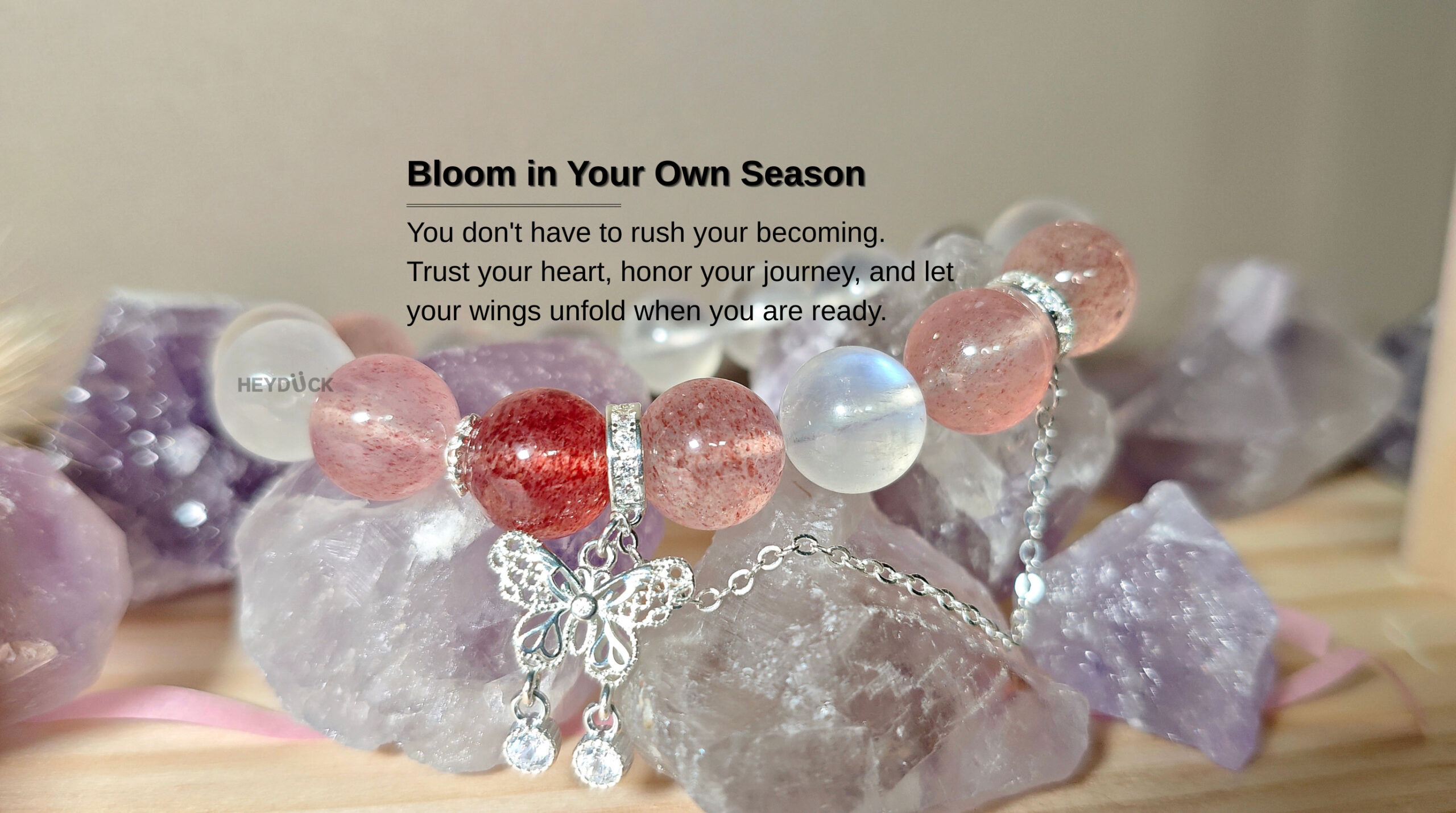 ButterflyBloom CL Strawberry Quartz and Blue Moonstone bracelet symbolizing self-love and a new chapter