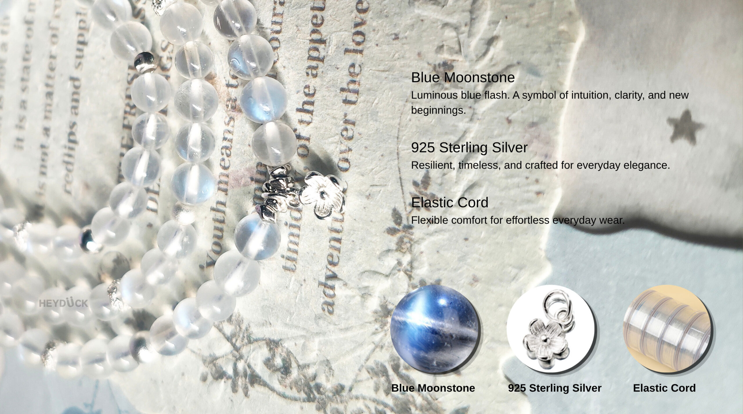 Detailed material overview of MoonReign CL featuring luminous Blue Moonstone, 925 sterling silver beads, and flexible elastic cord craftsmanship.