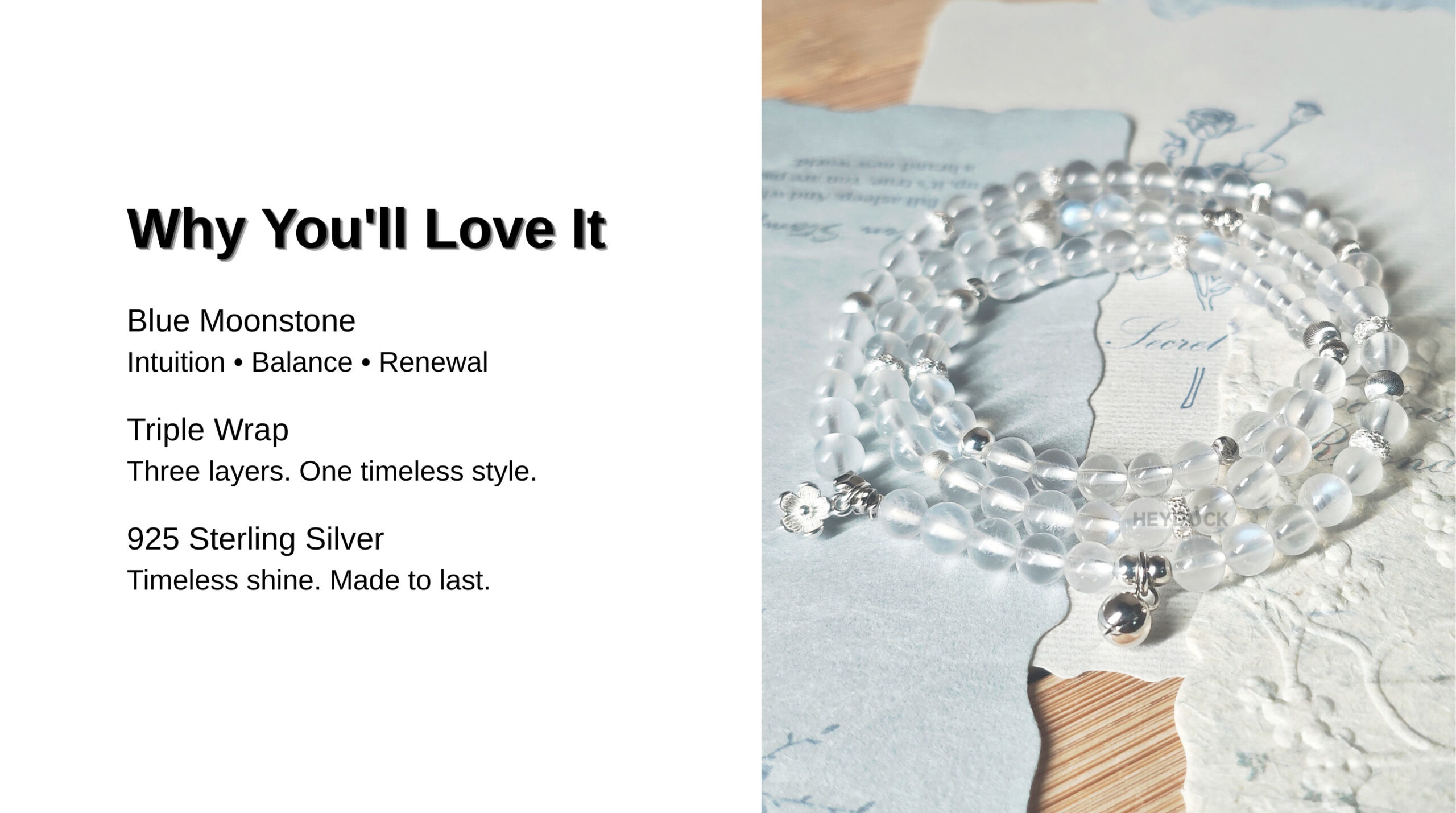 Blue Moonstone Wrap Bracelet features natural moonstone, triple wrap design, and 925 sterling silver platinum-plated beads for elegant everyday wear.