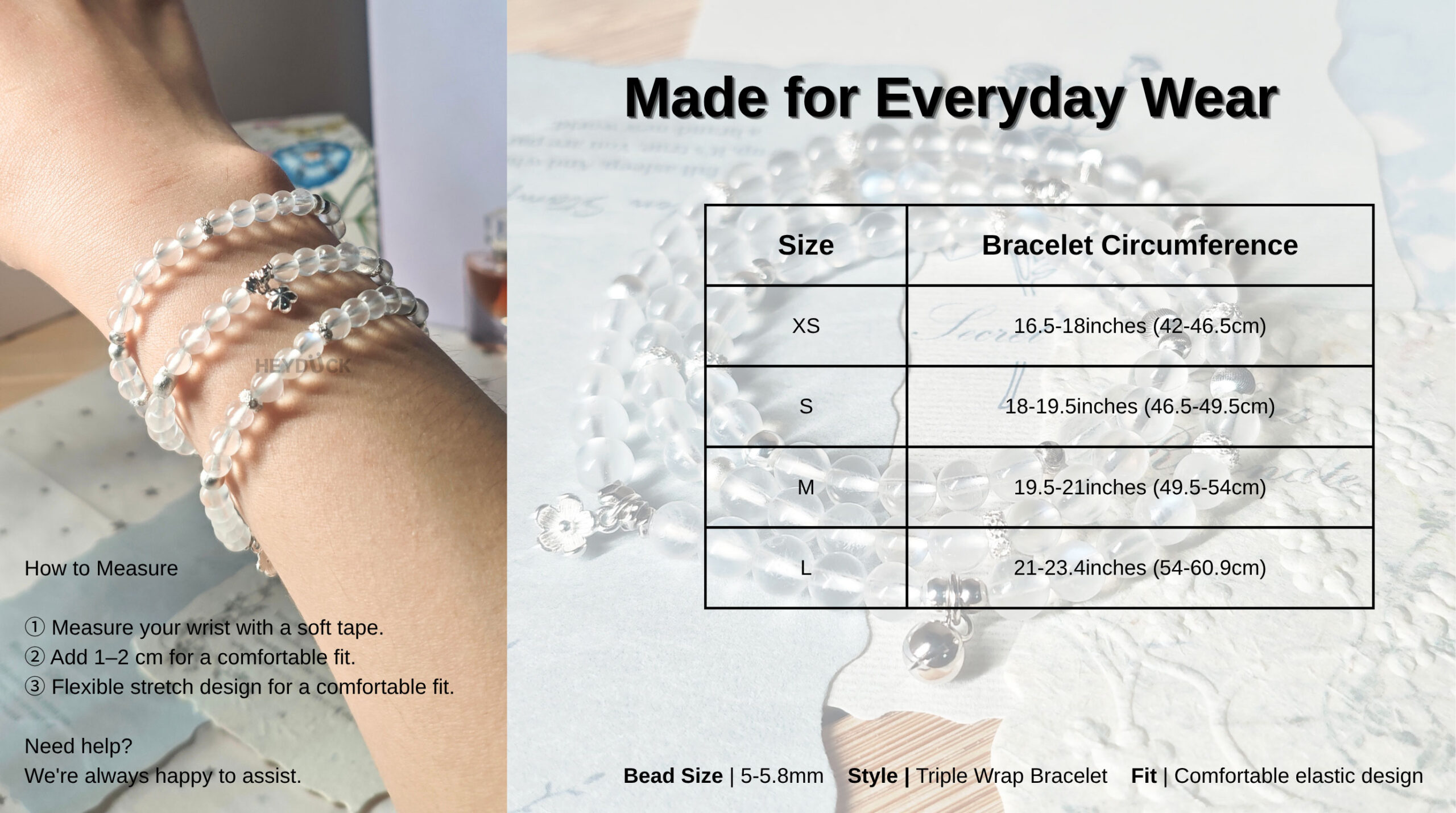 MoonReign CL Blue Moonstone Triple Wrap Bracelet size guide showing wrist measurement instructions, bead size, fit, and comfortable stretch design.
