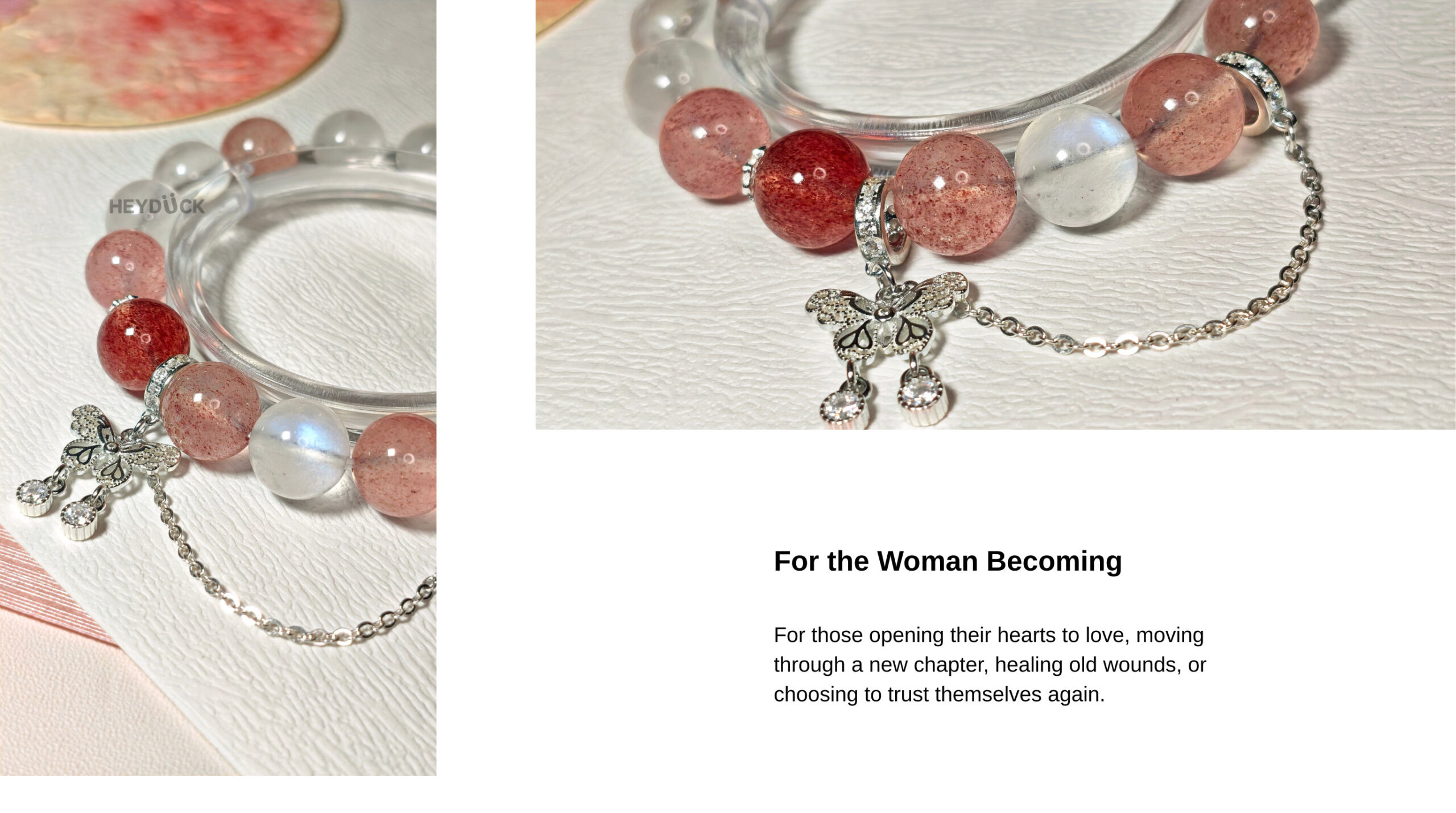 Strawberry Quartz and Blue Moonstone crystal bracelet for women embracing love, healing, and personal growth