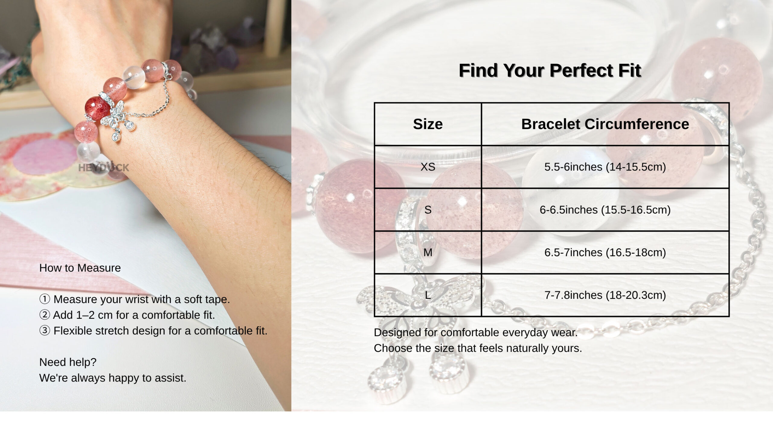 ButterflyBloom CL crystal bracelet size guide showing XS, S, M, and L wrist measurements