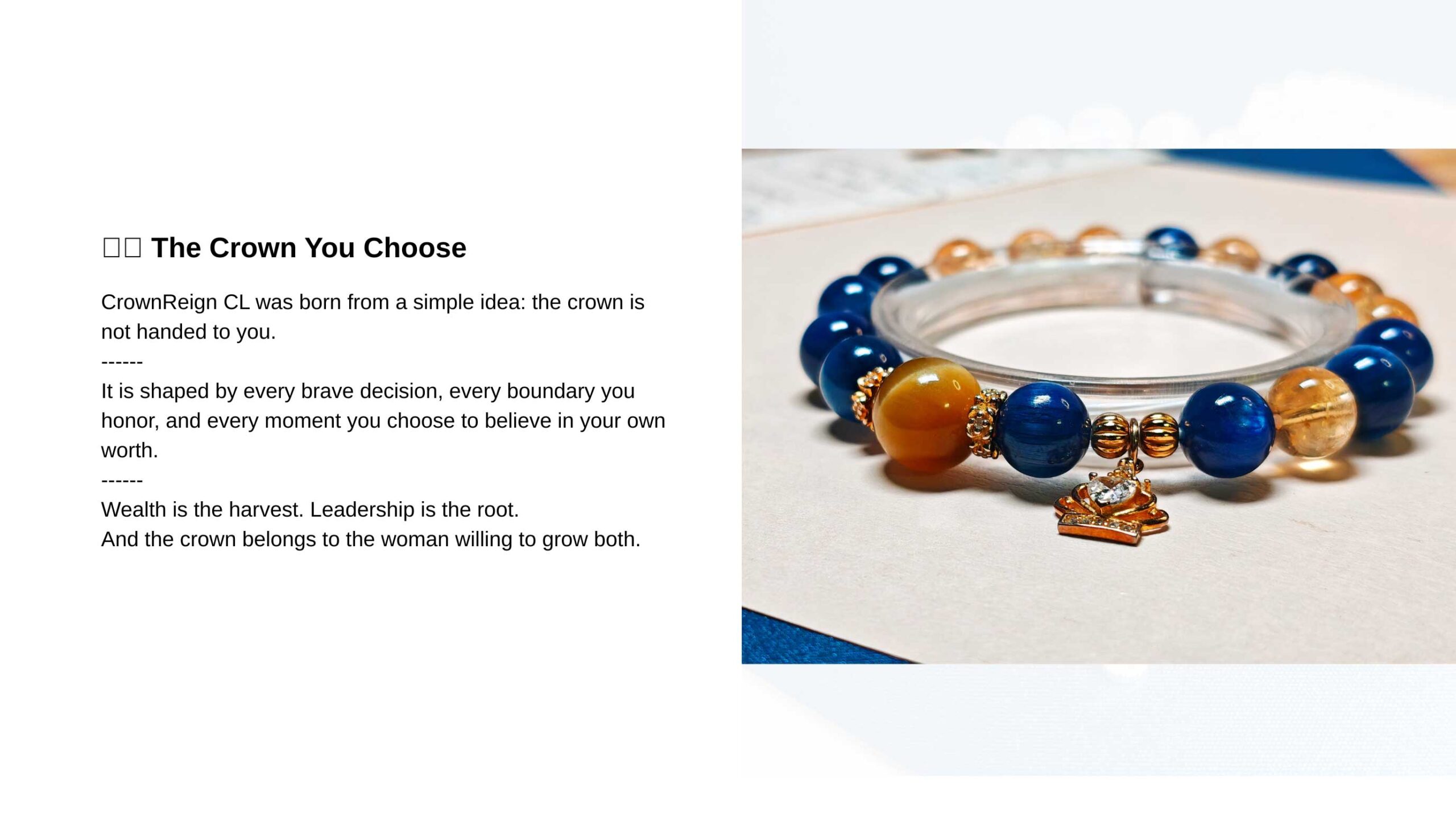CrownReign CL crystal bracelet story representing earned authority, self-belief, ambition, and the courage to lead