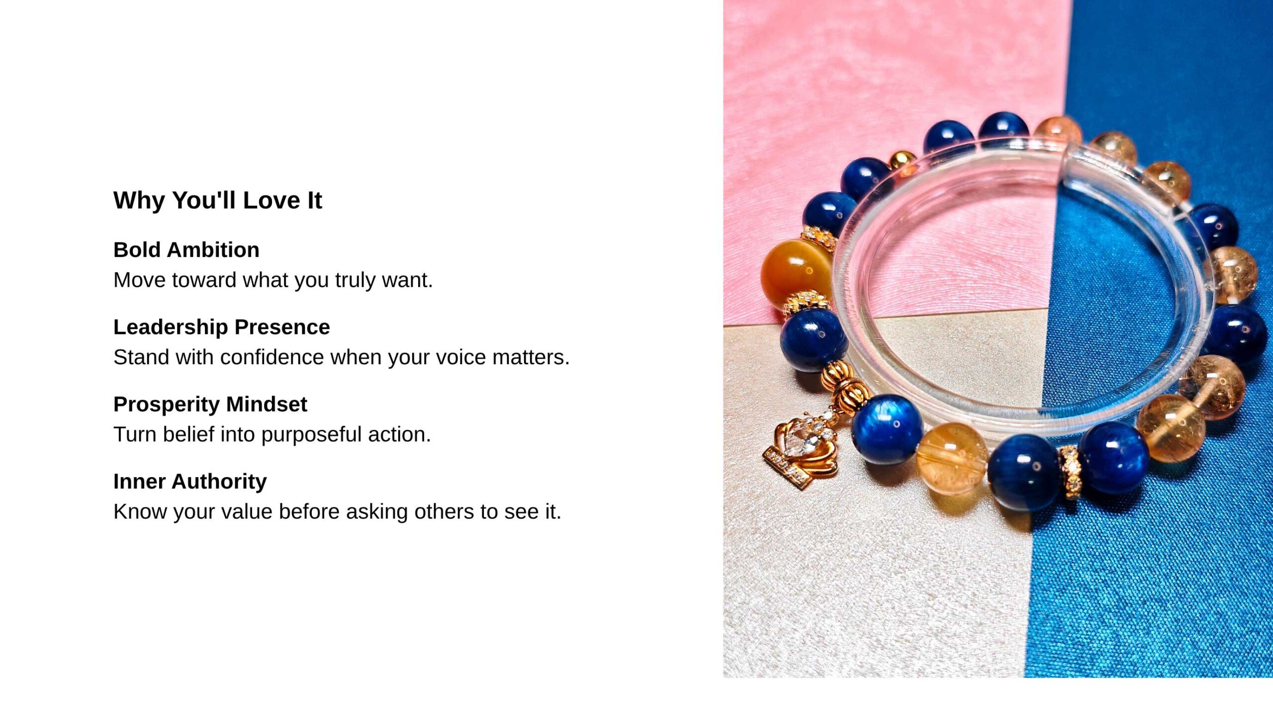 Crystal bracelet for wealth and leadership symbolizing ambition, prosperity, confidence, and inner authority